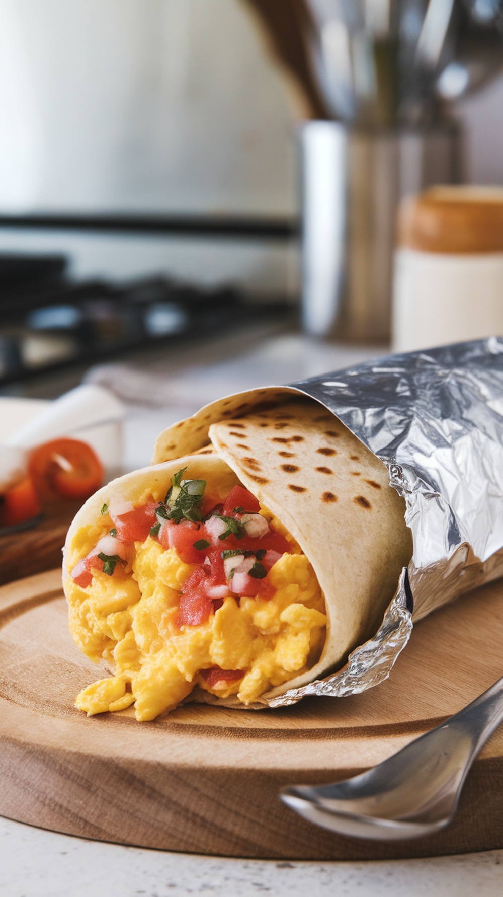 A breakfast burrito filled with scrambled eggs and salsa, wrapped in a tortilla.