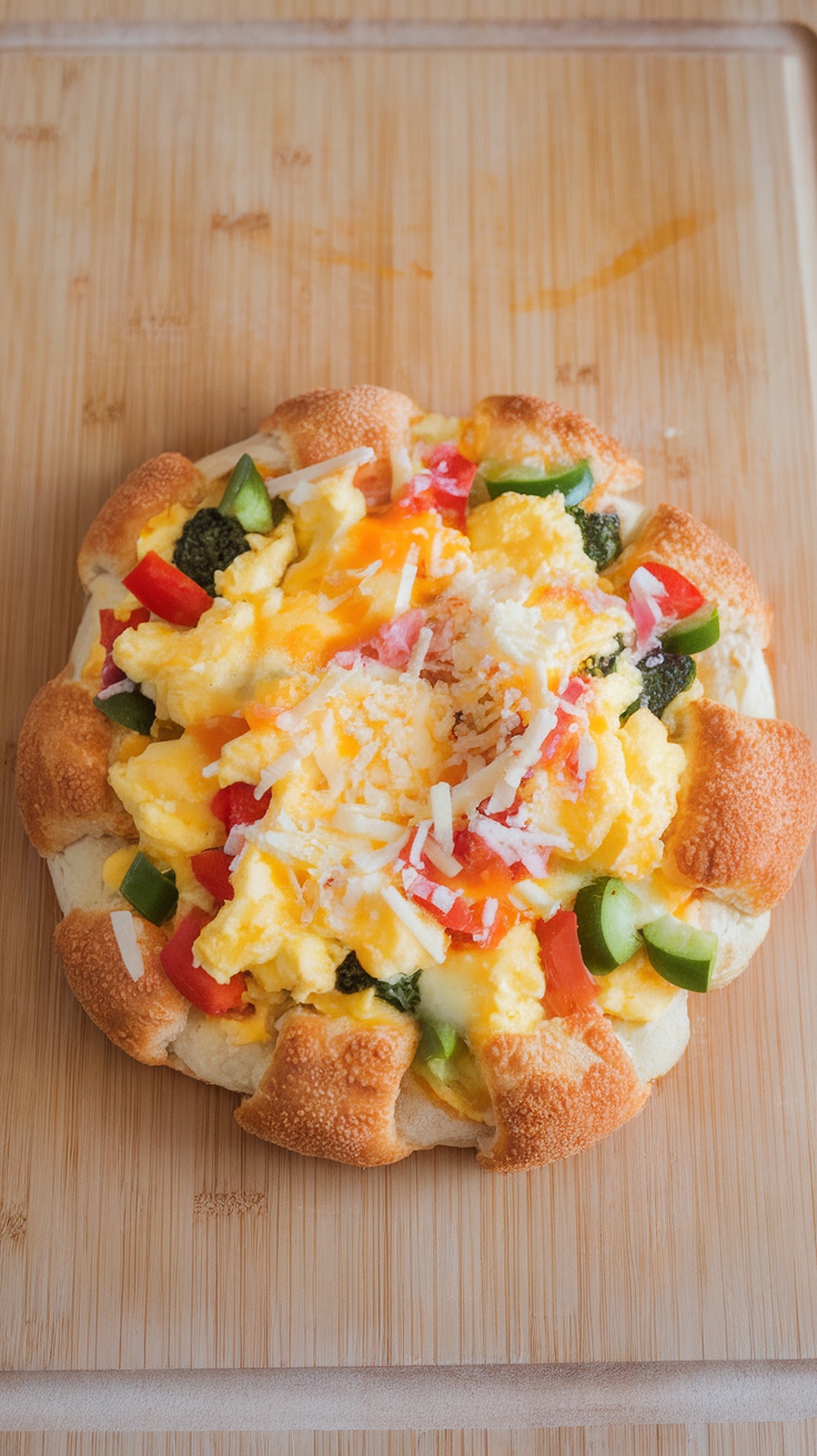 A delicious breakfast pizza with a crescent roll crust topped with eggs, bell peppers, broccoli, and cheese.
