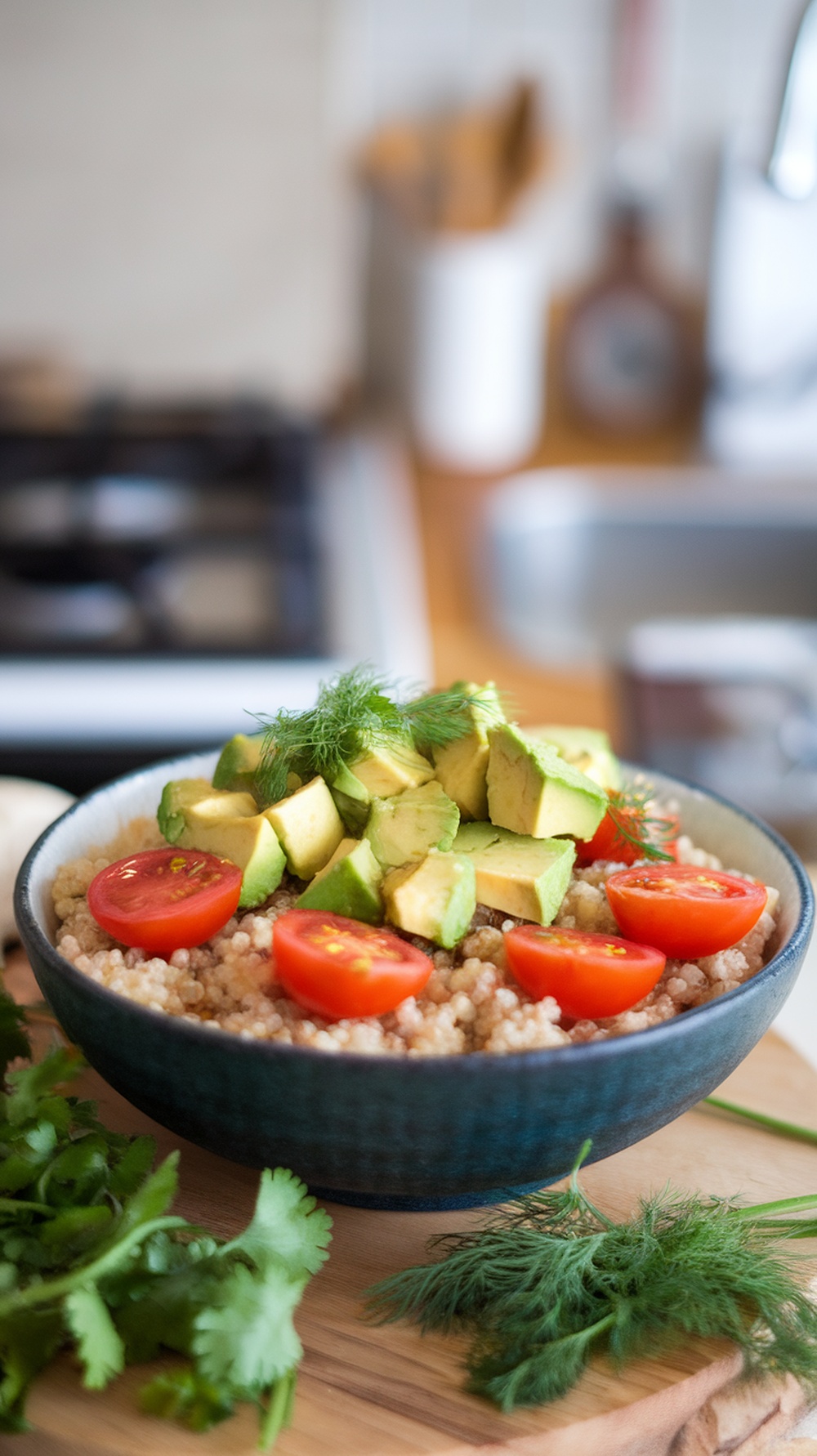 A quinoa bowl topped with sliced avocado, cherry tomatoes, and fresh herbs on a wooden surface.