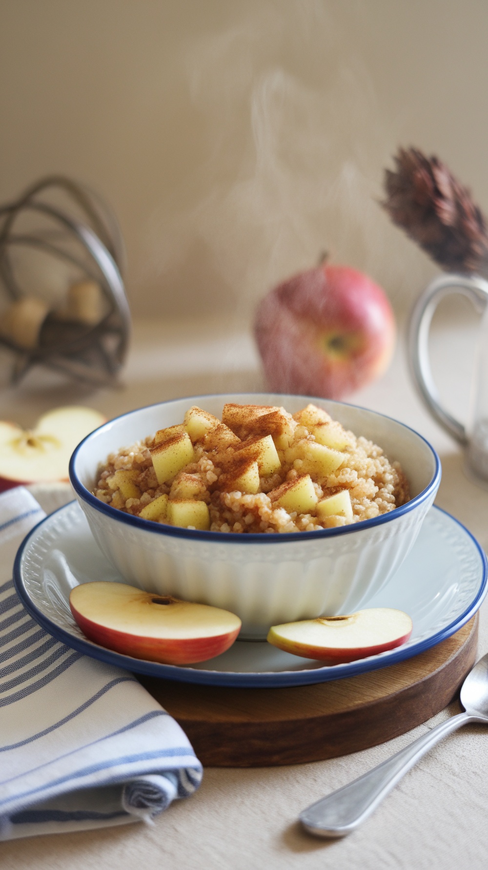A bowl of breakfast quinoa topped with diced apples and sprinkled with cinnamon