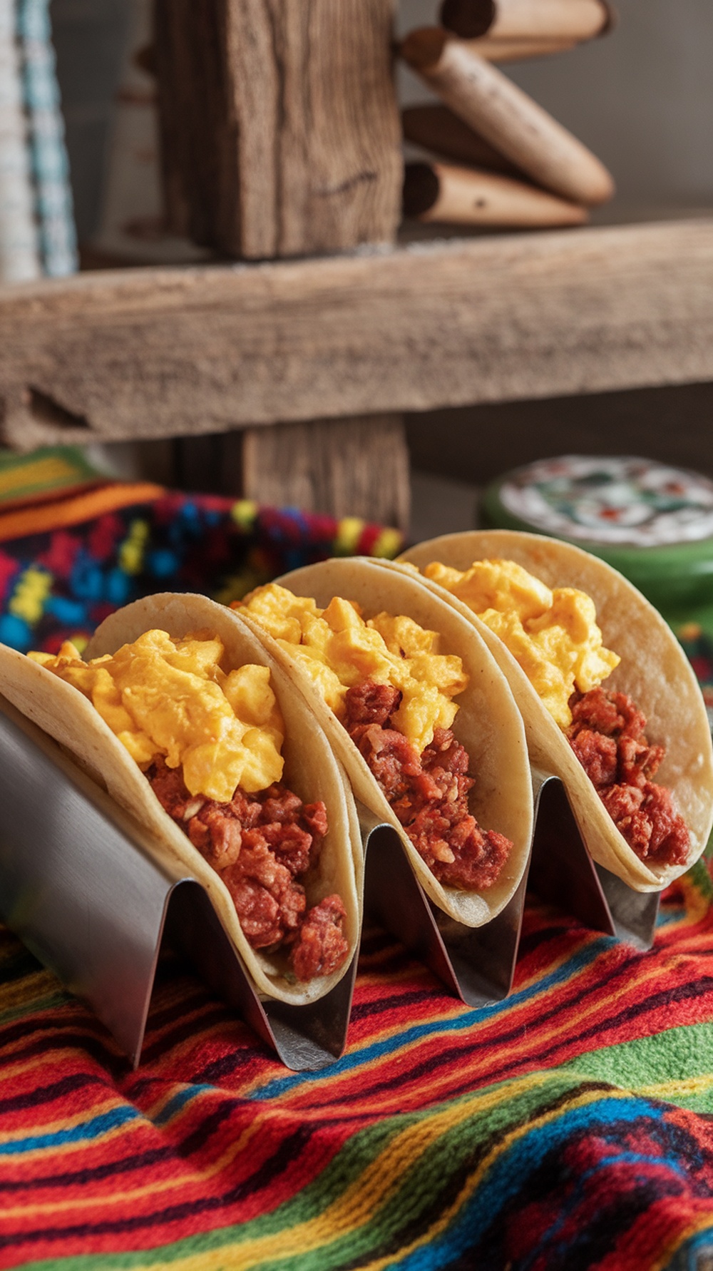 Three breakfast tacos filled with chorizo and scrambled eggs