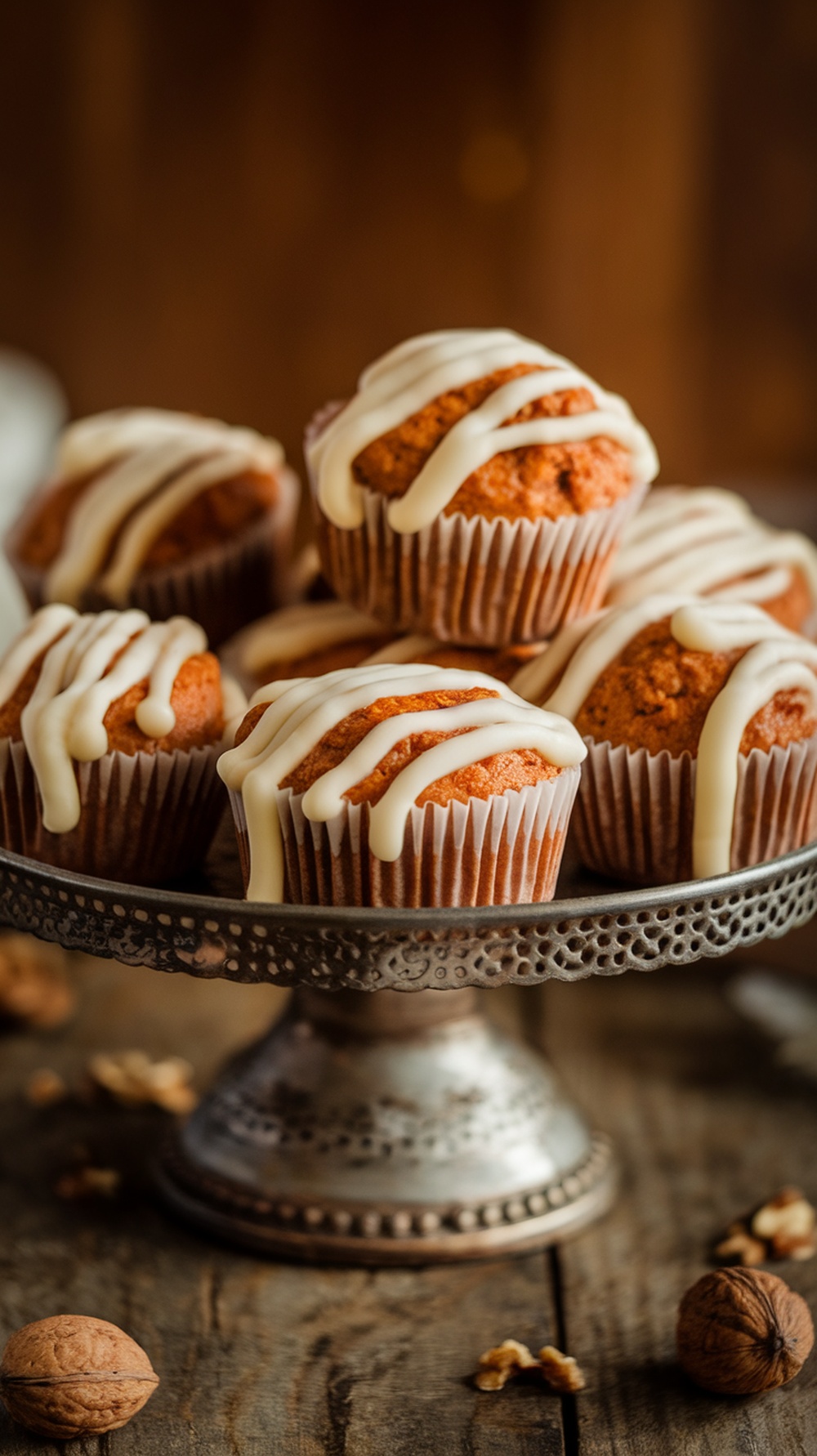 Delicious carrot cake muffins with a cream cheese drizzle, perfect for breakfast.