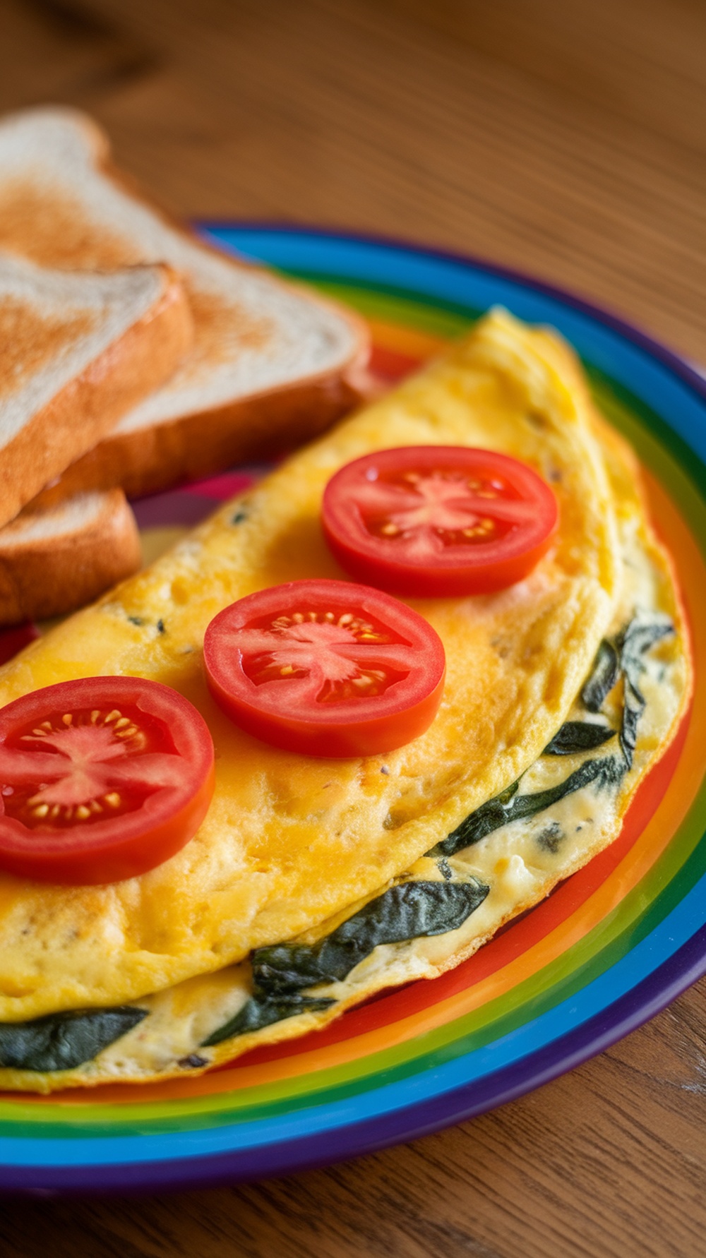 A colorful cheese and spinach omelette with sliced tomatoes on top, accompanied by toast.