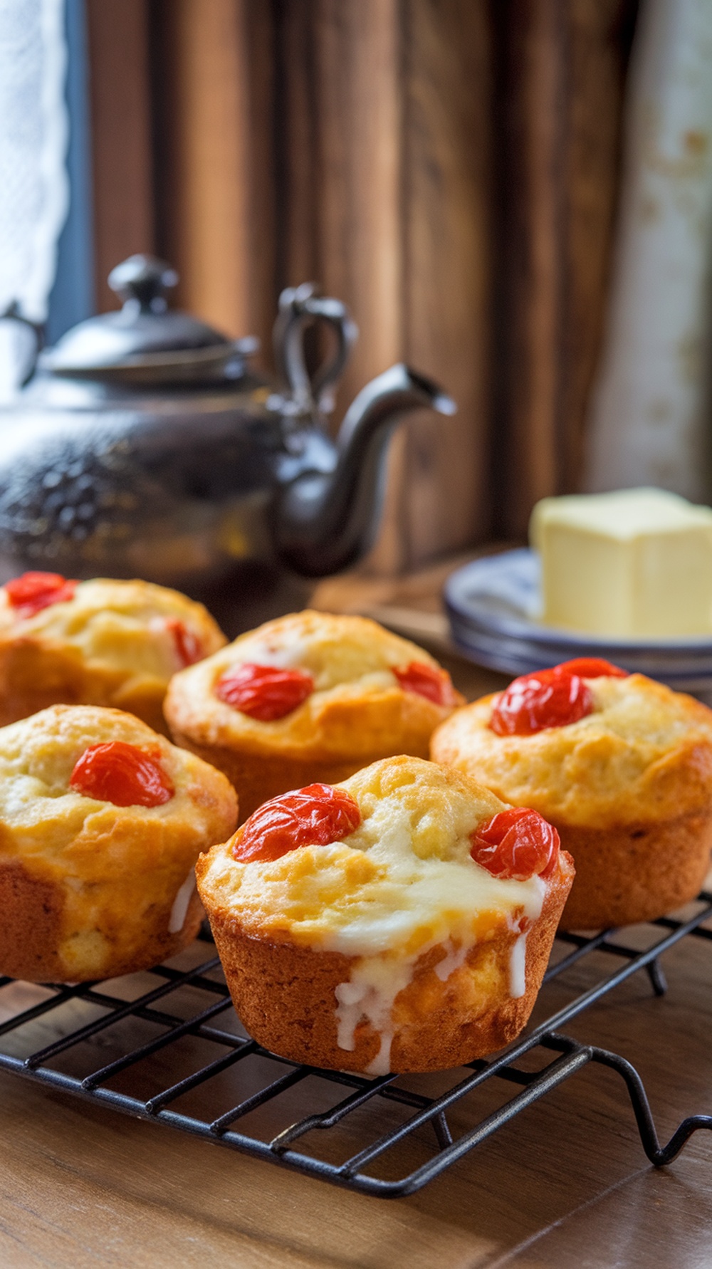 Cheese and tomato breakfast muffins on a cooling rack.