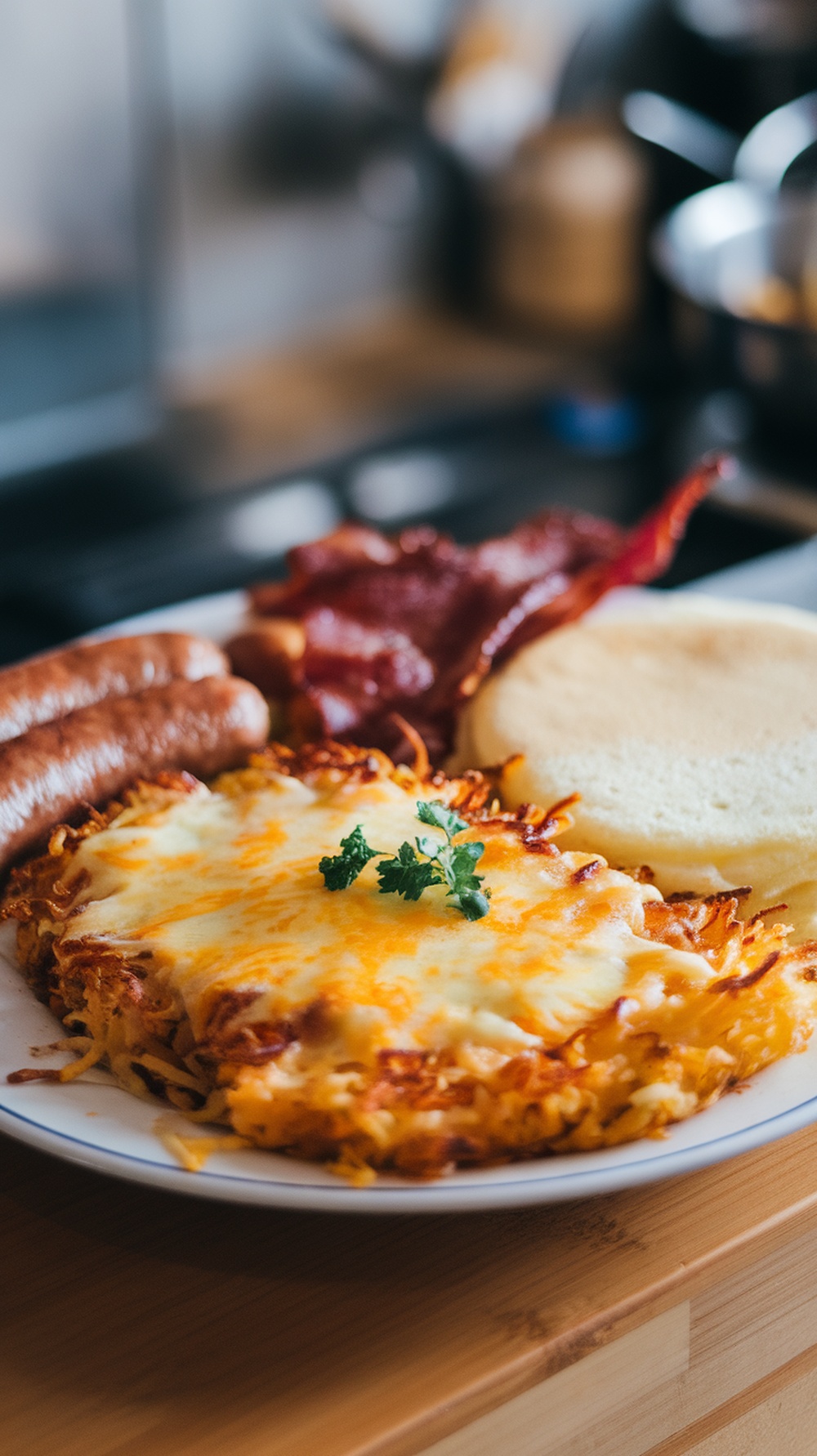 A plate of cheesy air fryer hash browns with sausage, bacon, and a pancake.