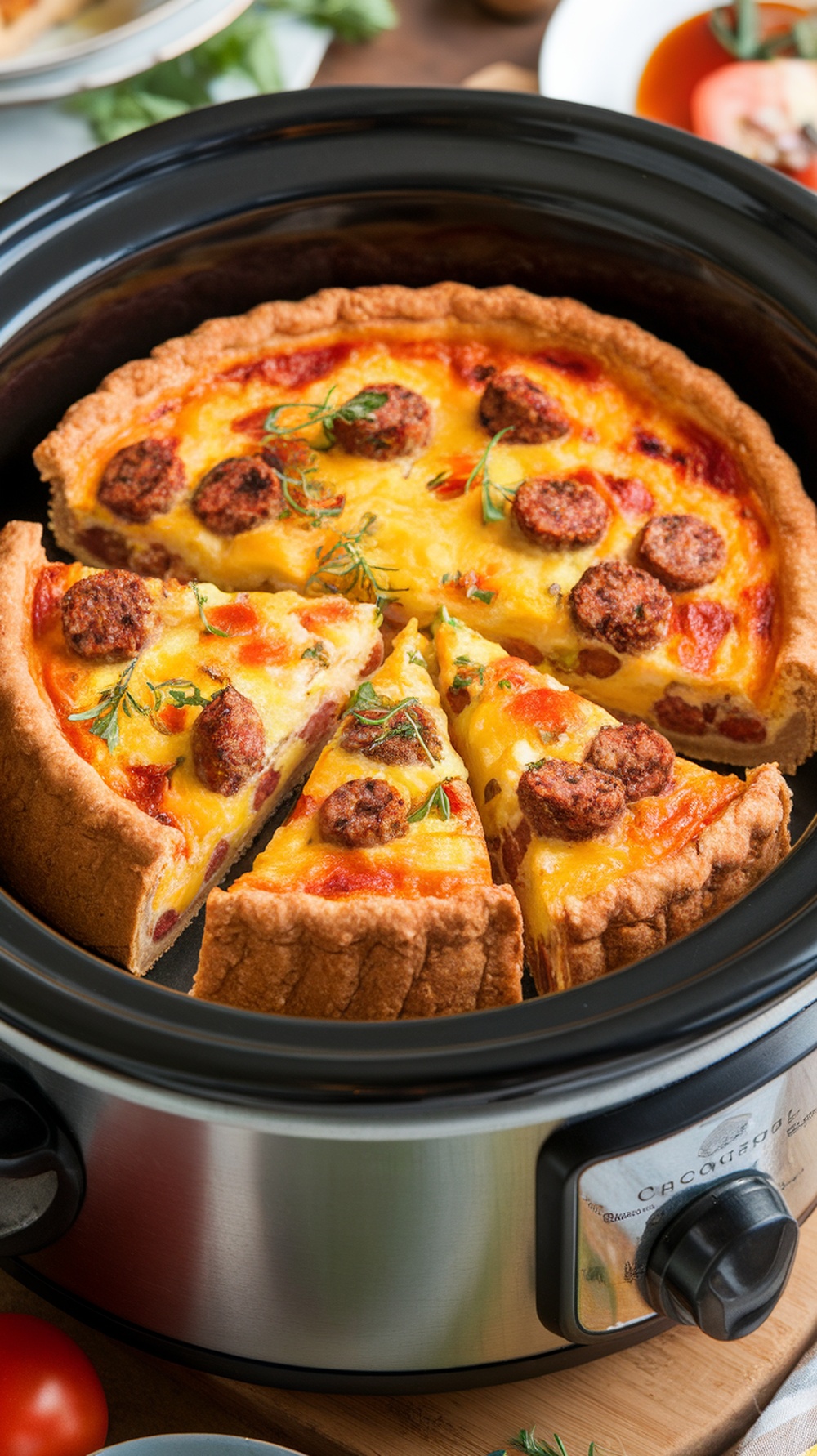 A delicious cheesy sausage and egg breakfast quiche cooked in a crockpot.