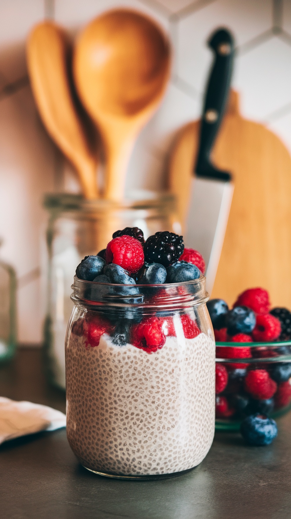 Chia pudding with almond milk and berries in a jar.