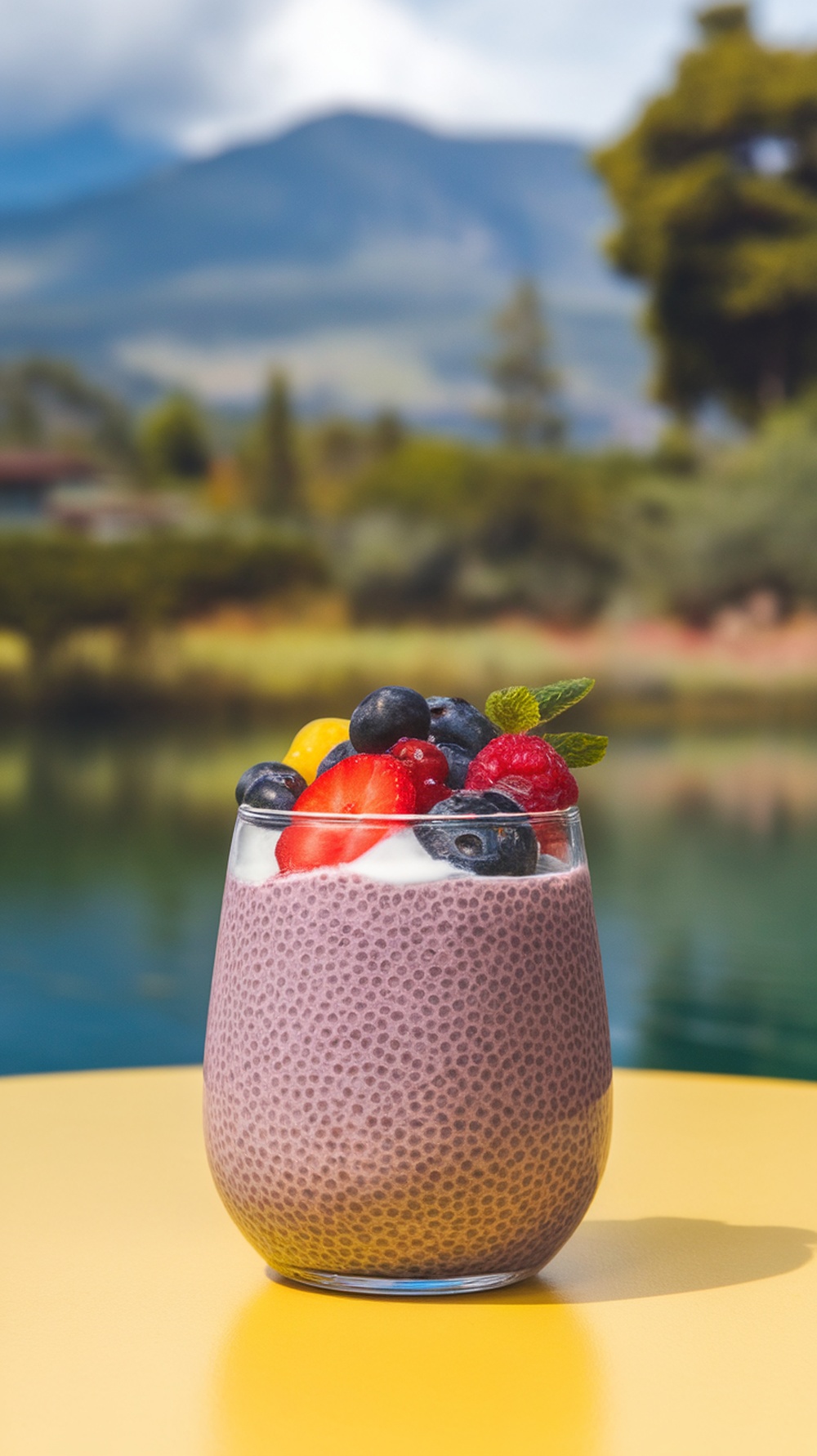 A glass of chia seed pudding topped with assorted berries and a mint leaf.