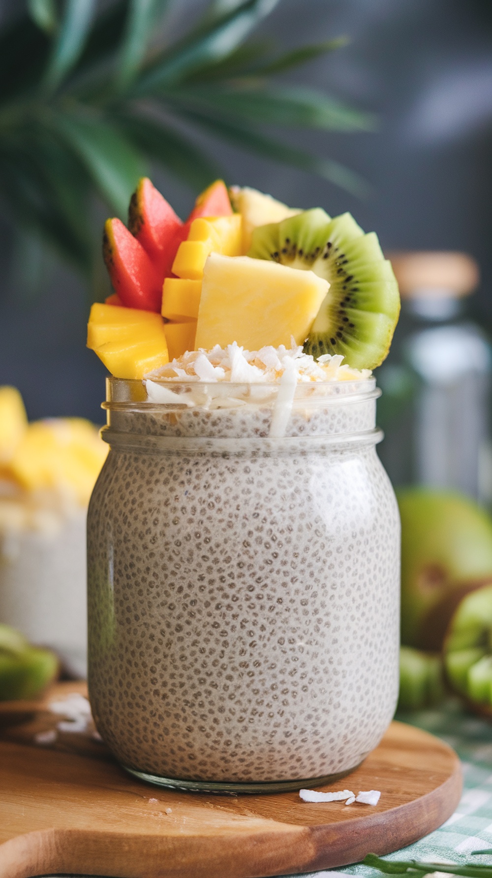 A delicious jar of chia seed pudding topped with fresh fruits and coconut.