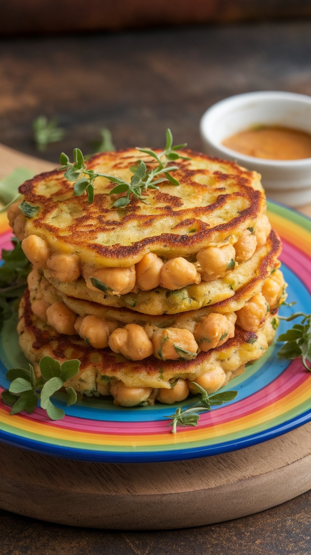 Chickpea pancakes stacked with herbs on a colorful plate.