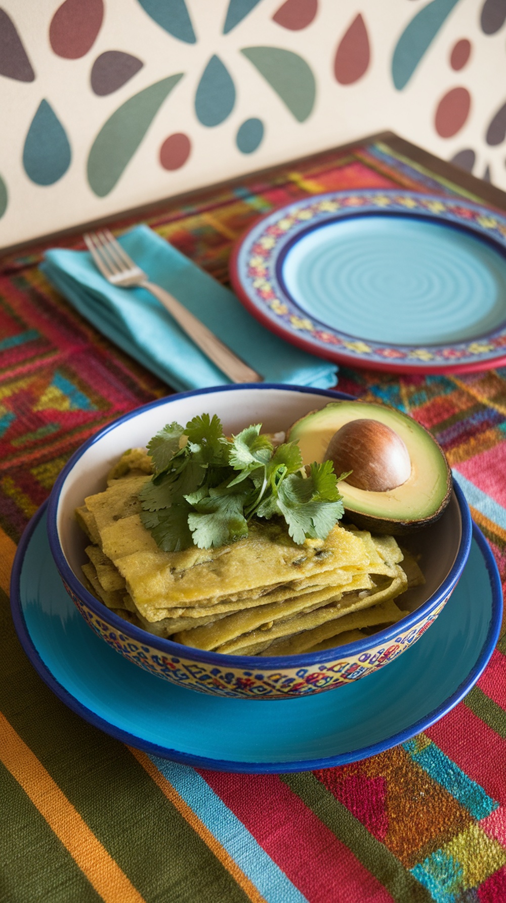 Chilaquiles Verdes with Avocado served in a colorful bowl.