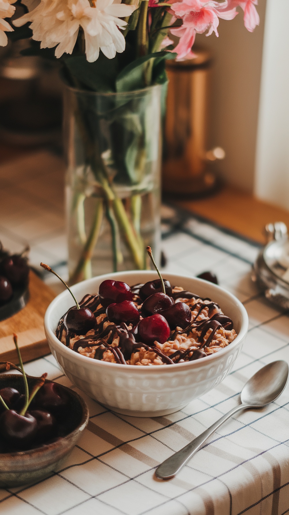 A bowl of chocolate cherry oatmeal topped with fresh cherries and a drizzle of chocolate syrup.