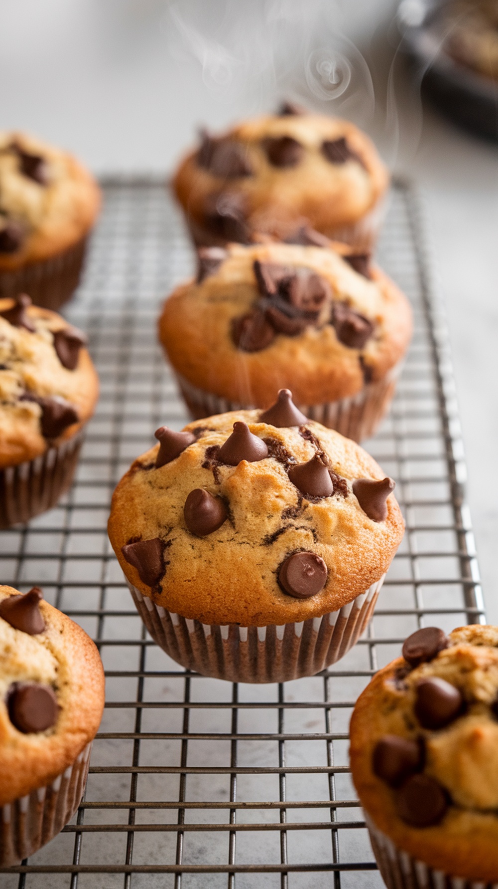 Freshly baked chocolate chip muffins cooling on a wire rack.