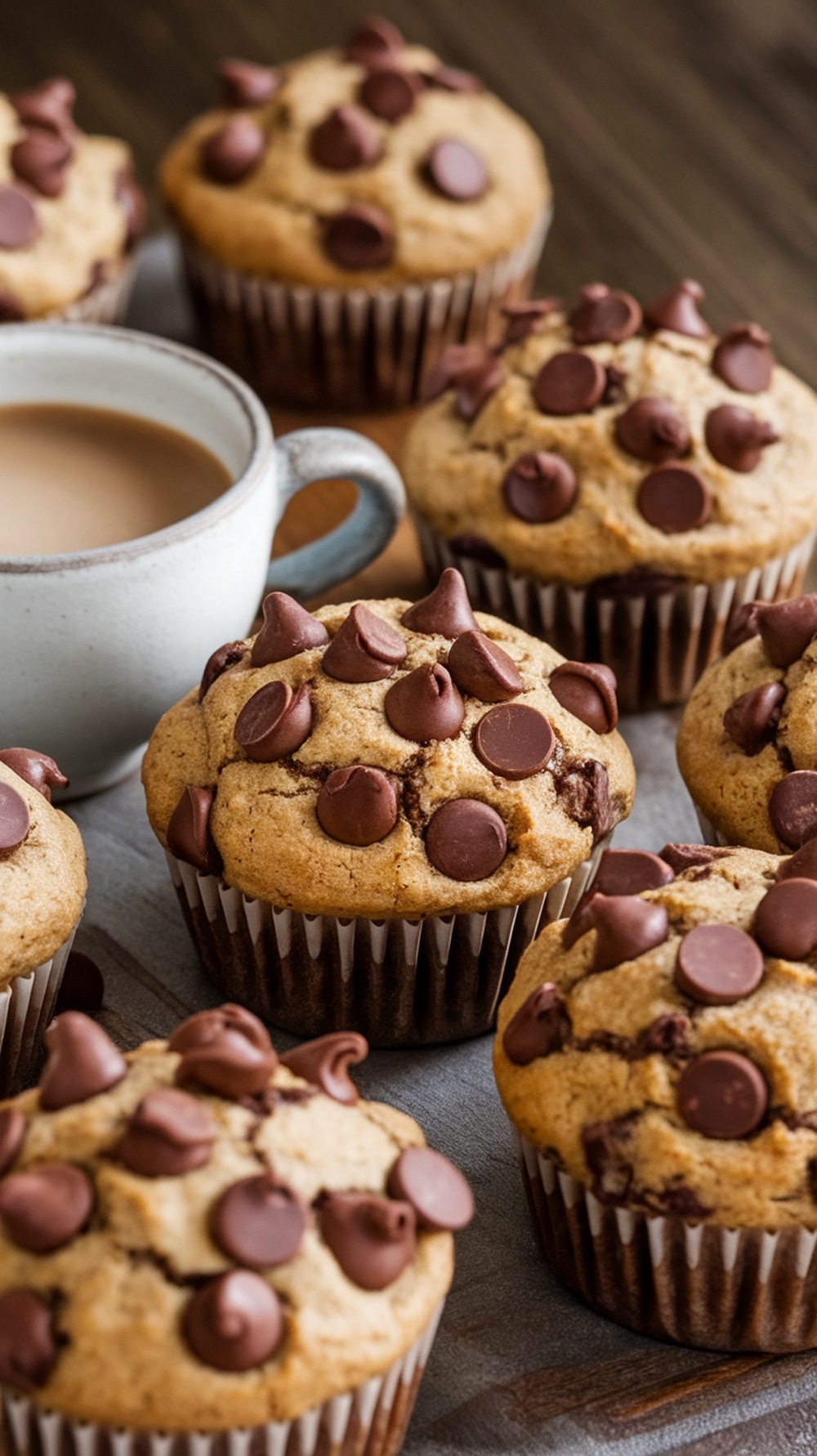 Delicious chocolate chip muffins next to a cup of coffee.