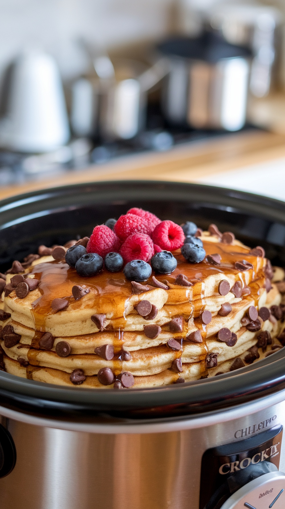 A delicious Chocolate Chip Pancake Casserole topped with berries.