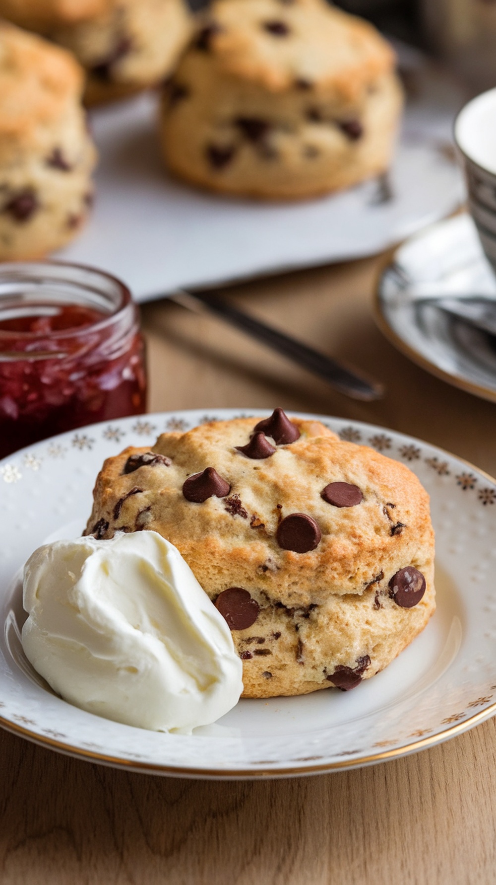 Delicious chocolate chip scone served with clotted cream