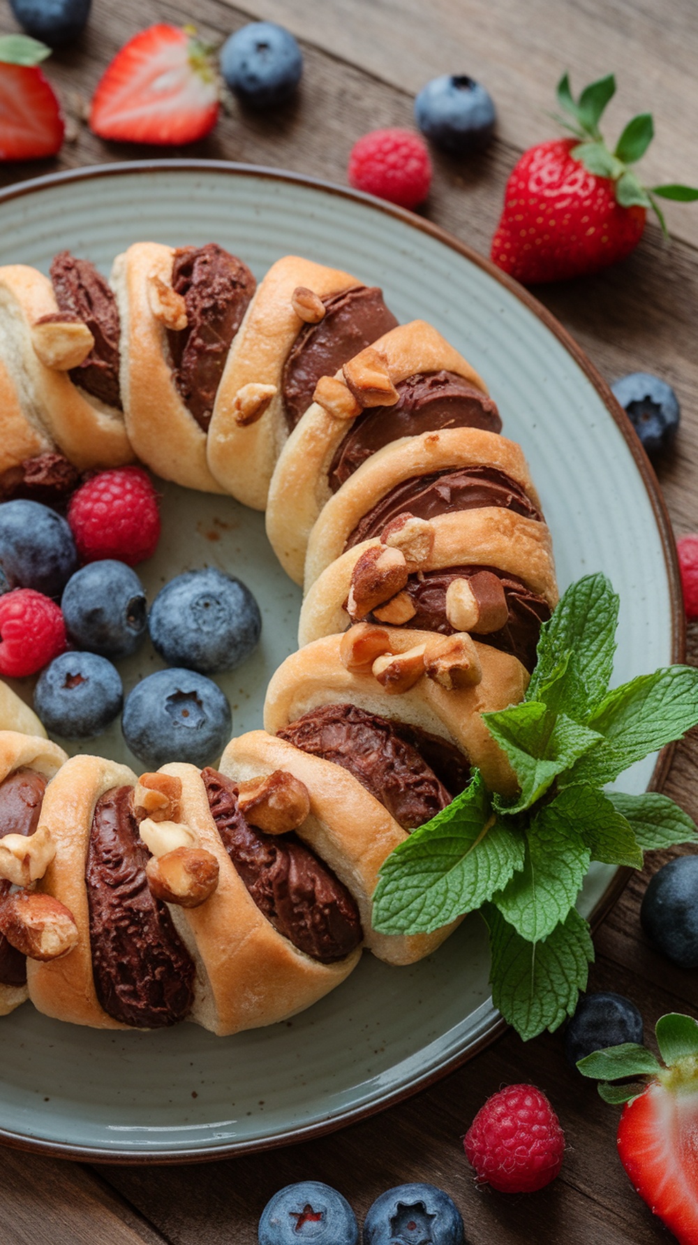 Chocolate hazelnut crescent rolls with nuts and berries