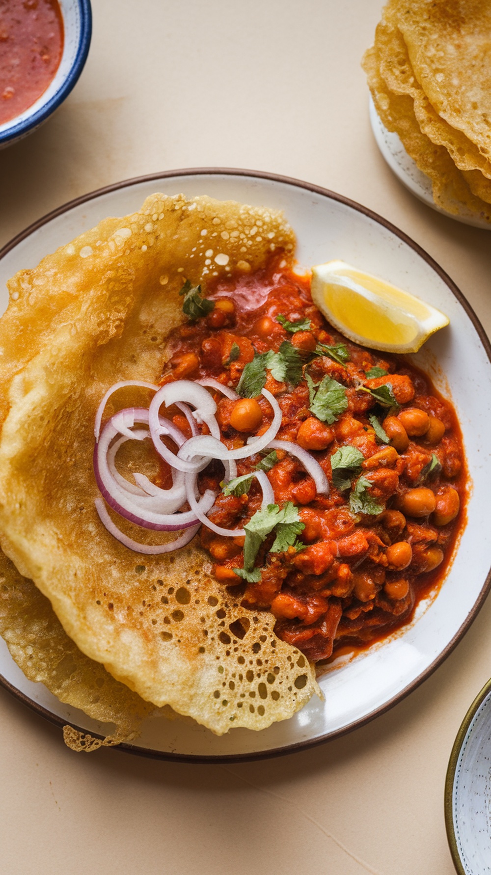 A plate of Chole Bhature with onions, featuring spicy chickpeas and fluffy fried bread.