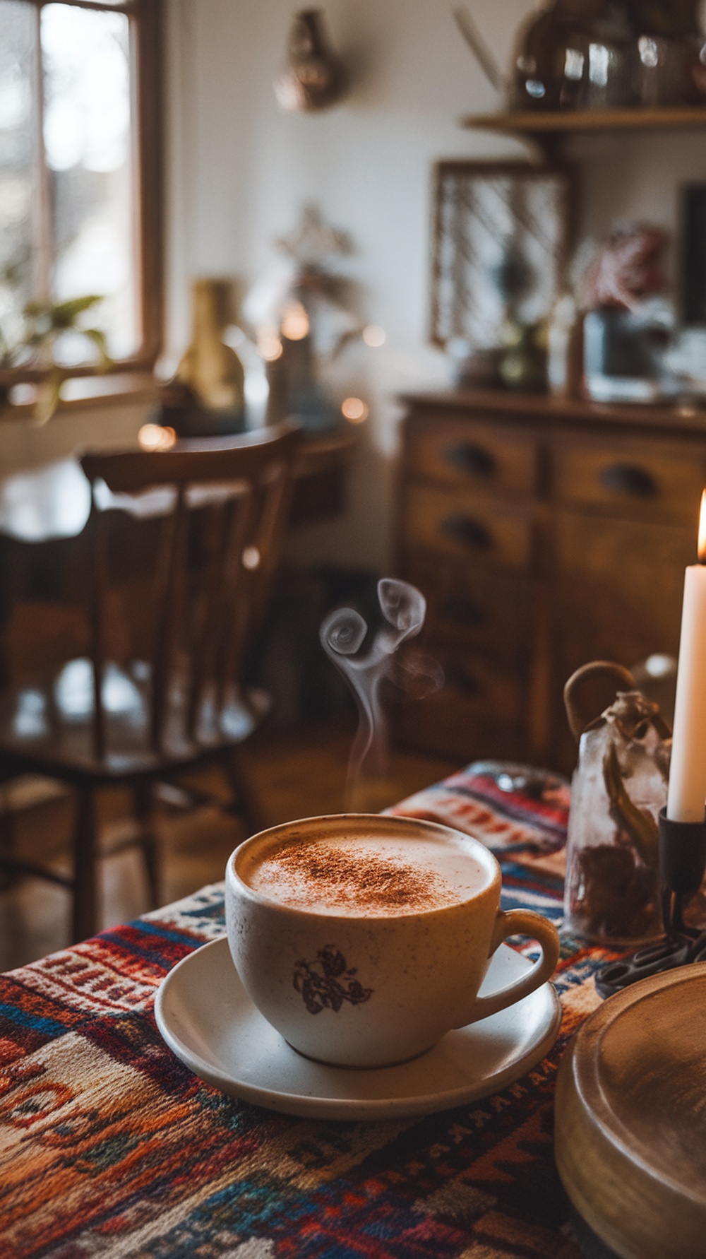 A cozy cup of cinnamon-spiced Mexican hot chocolate on a colorful table