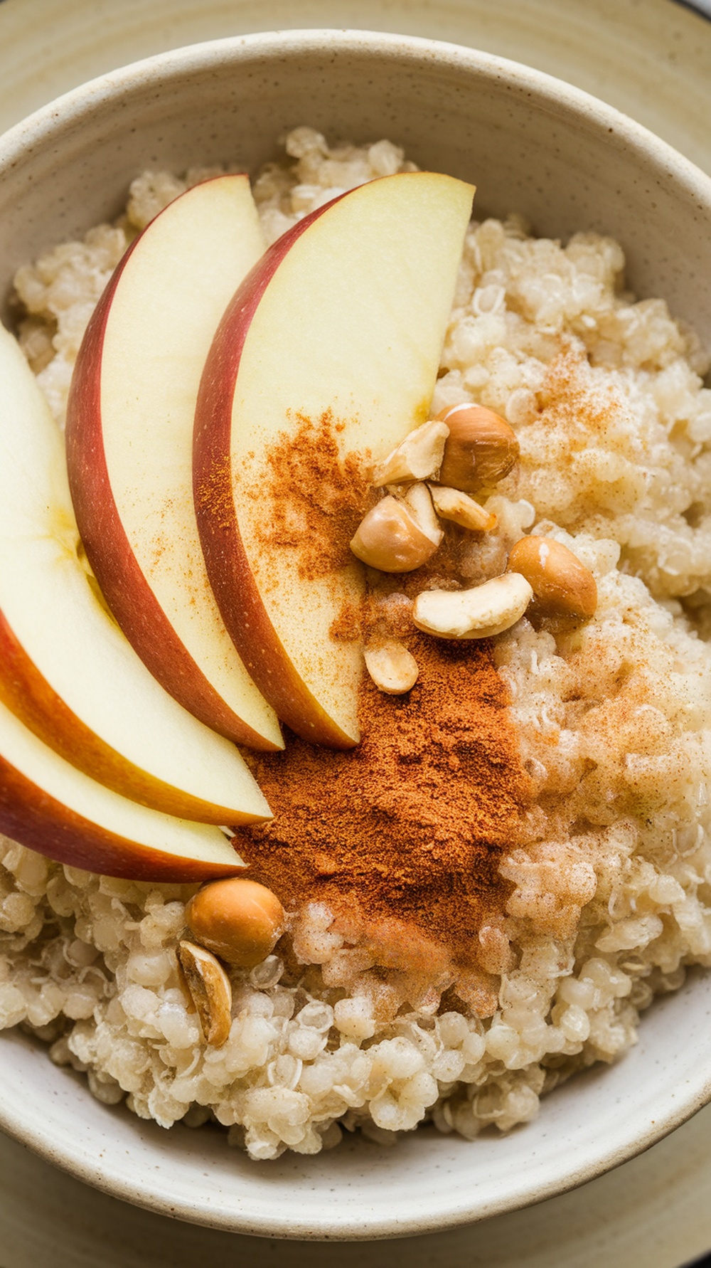 A bowl of quinoa topped with sliced apples, cinnamon, and nuts.