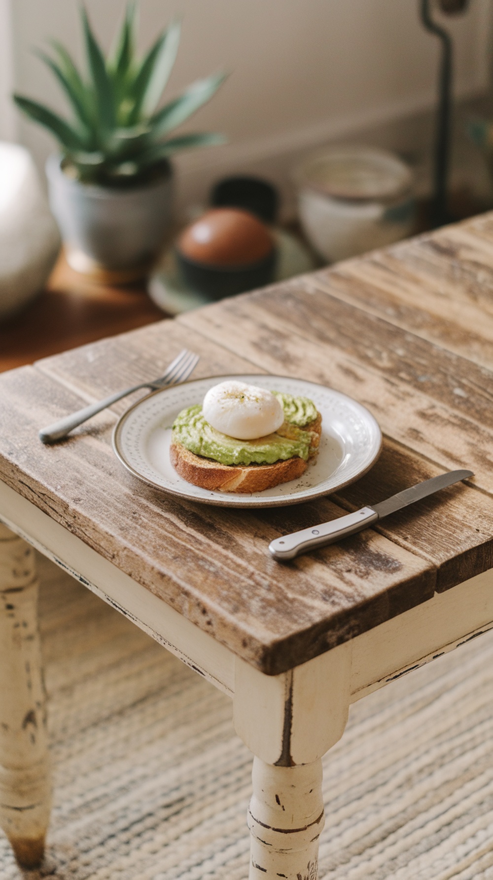 A plate of classic avocado toast topped with a poached egg, garnished with seasonings, placed on a rustic wooden table.