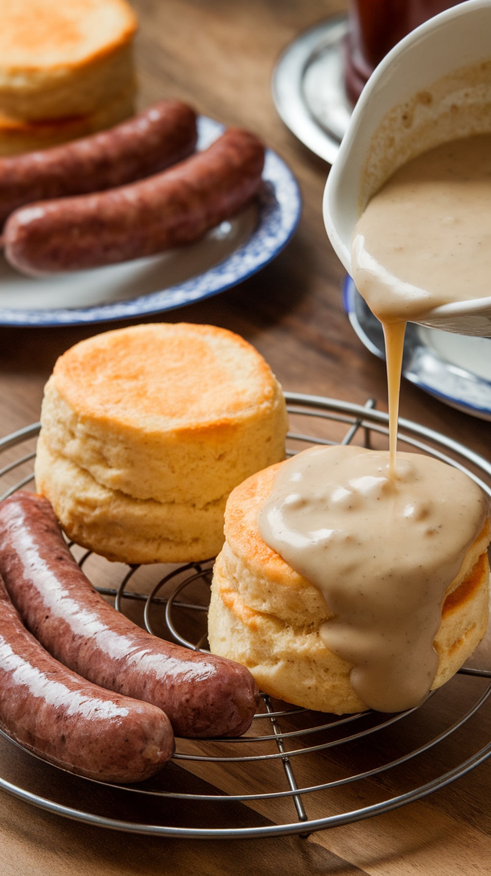 A delicious plate of breakfast sausage, biscuits, and gravy