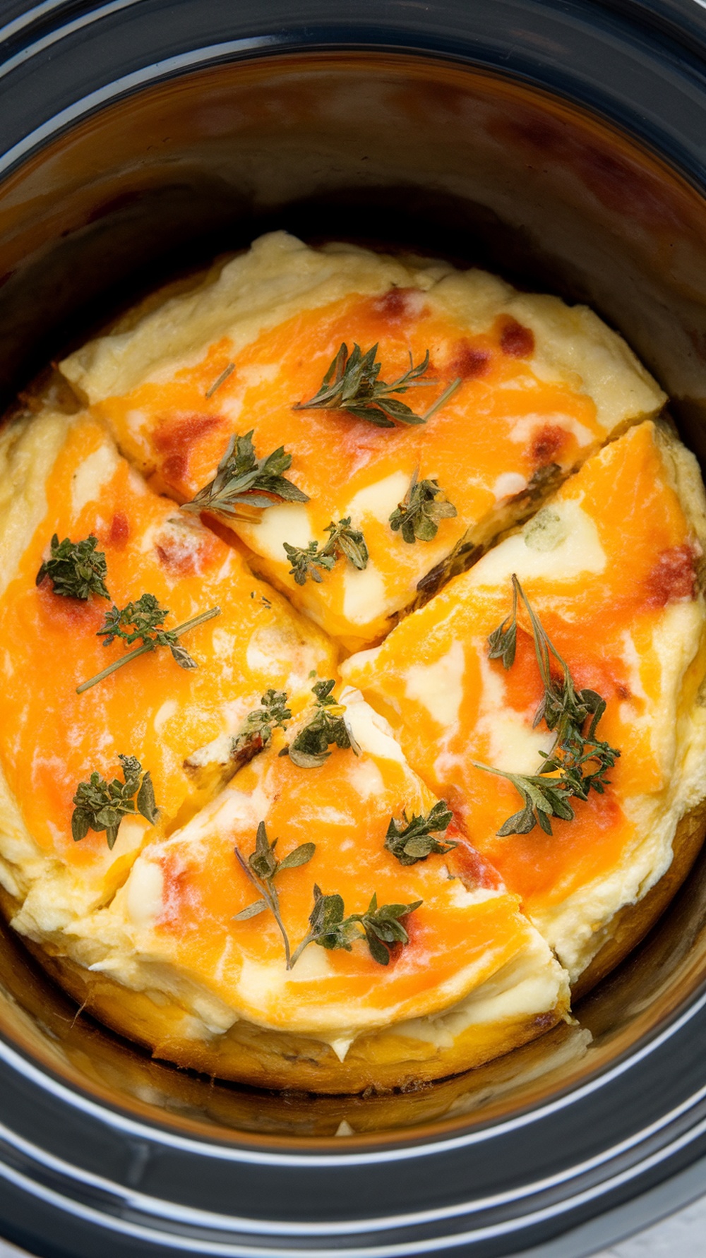 A delicious egg and cheese frittata cooked in a crockpot.