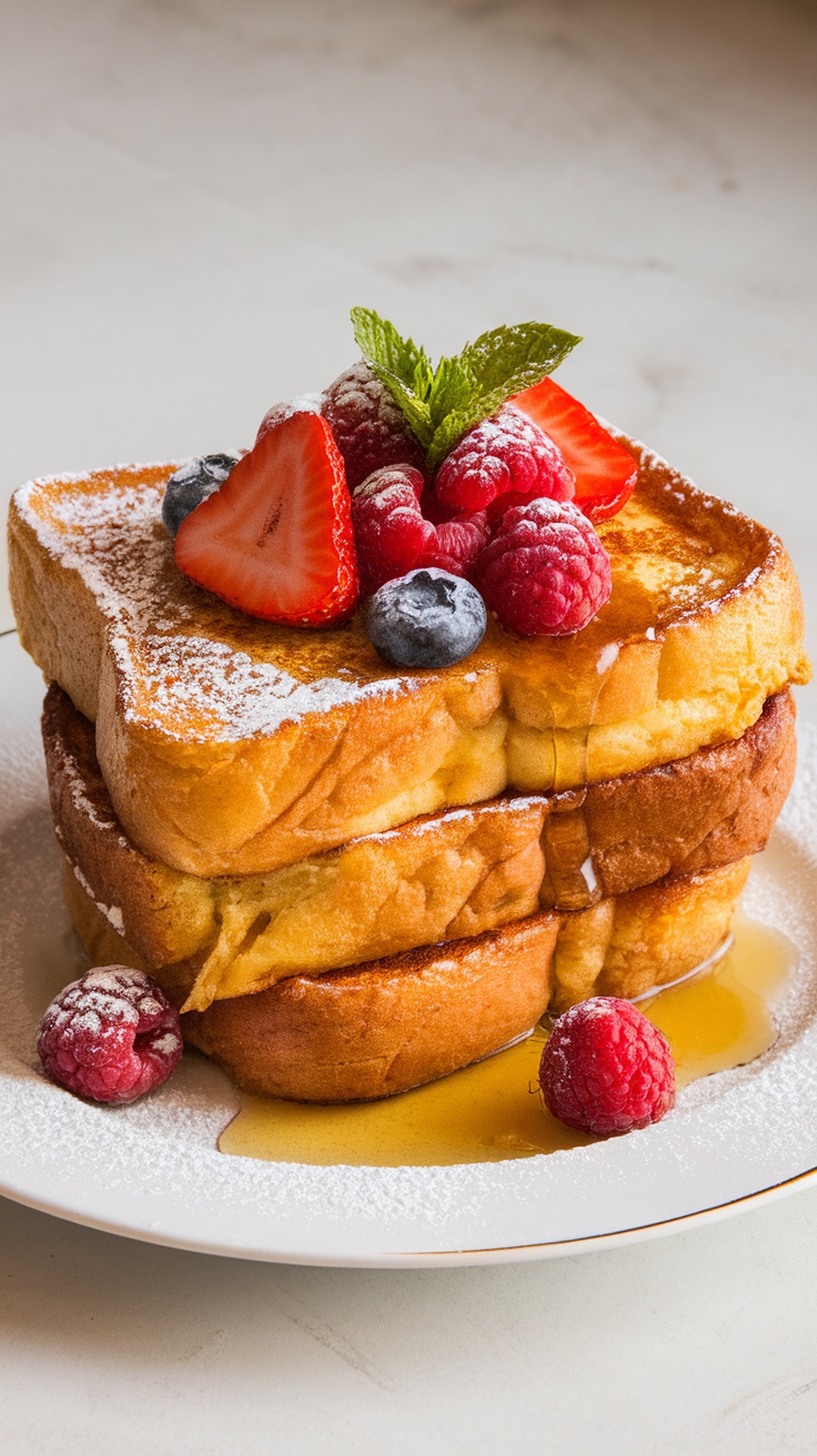 A stack of golden French toast topped with fresh strawberries, blueberries, raspberries, and a mint leaf, served with syrup.