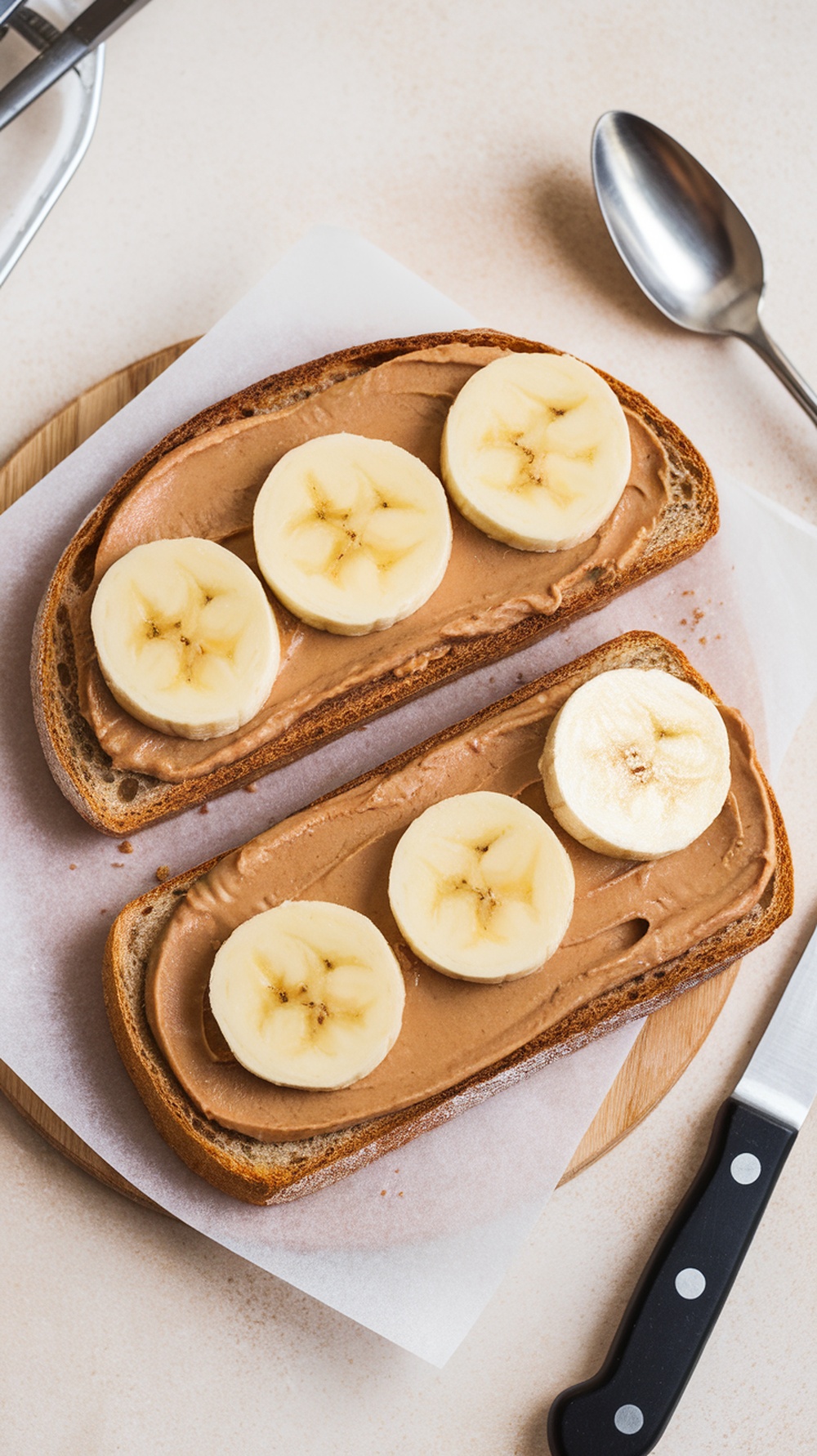Classic sourdough toast topped with peanut butter and banana slices.