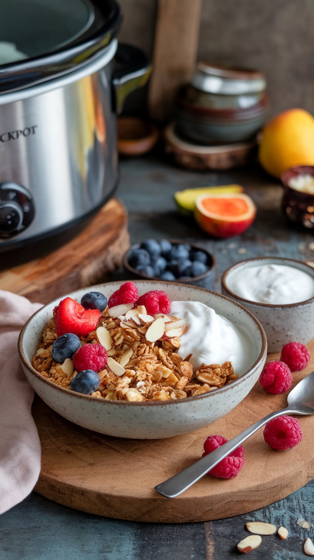 A bowl of coconut almond granola topped with yogurt and fresh berries.