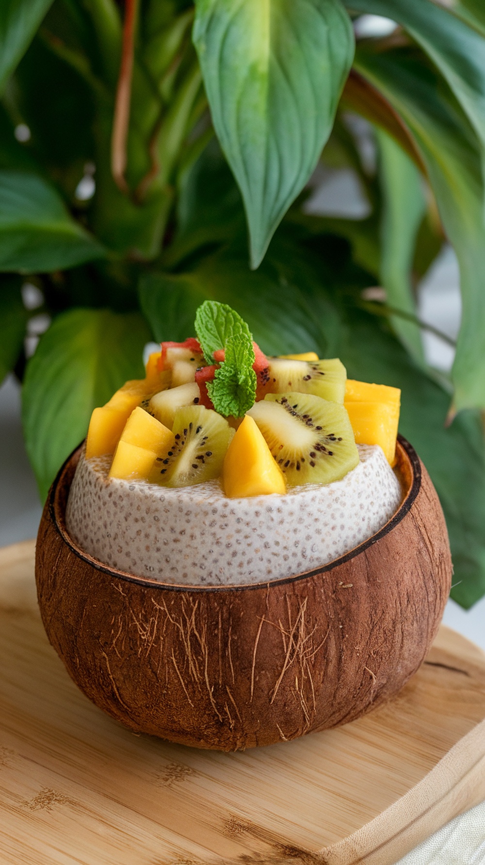A bowl of coconut chia oats topped with fresh fruits
