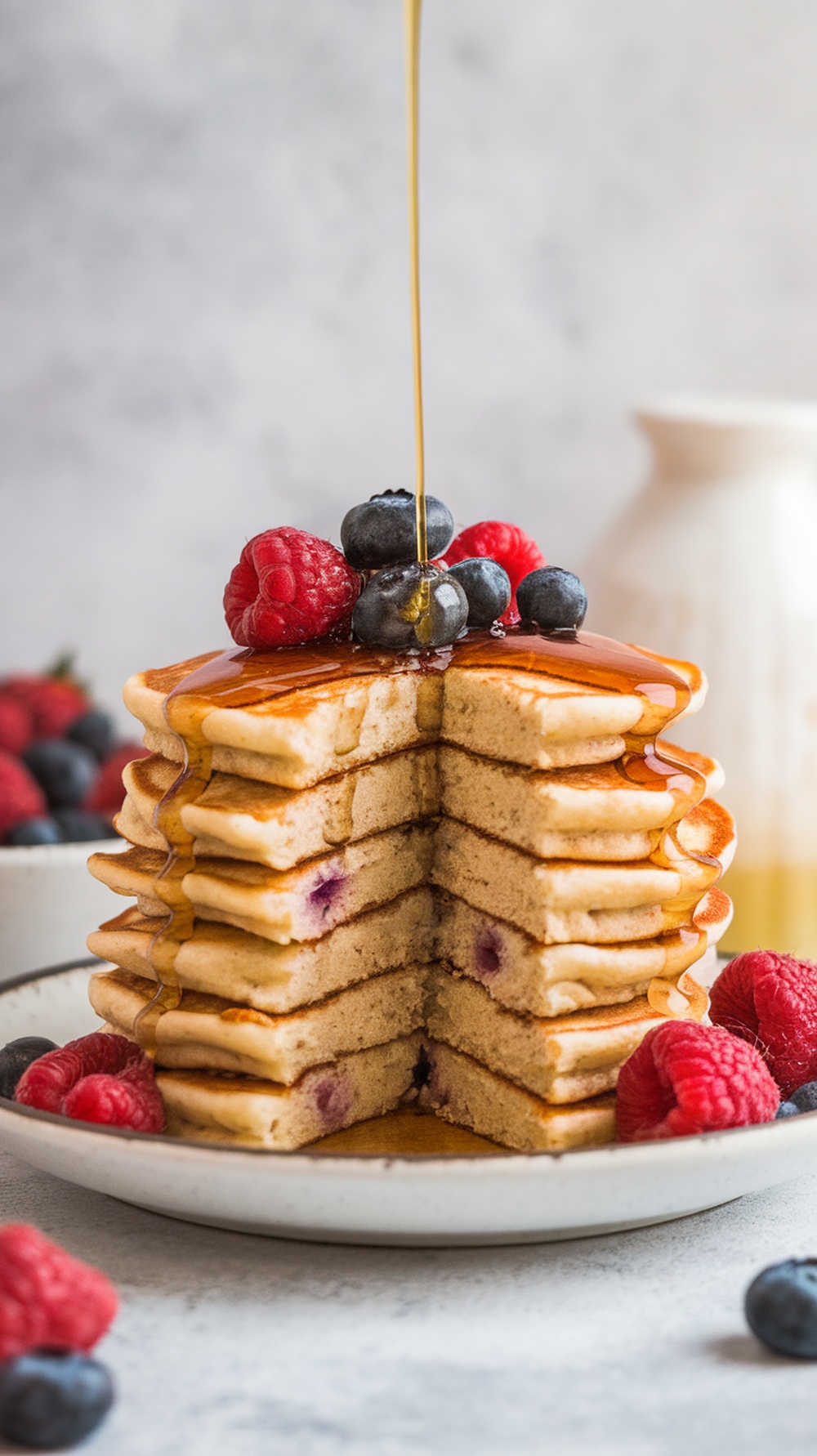 A stack of coconut flour pancakes topped with fresh berries and syrup.