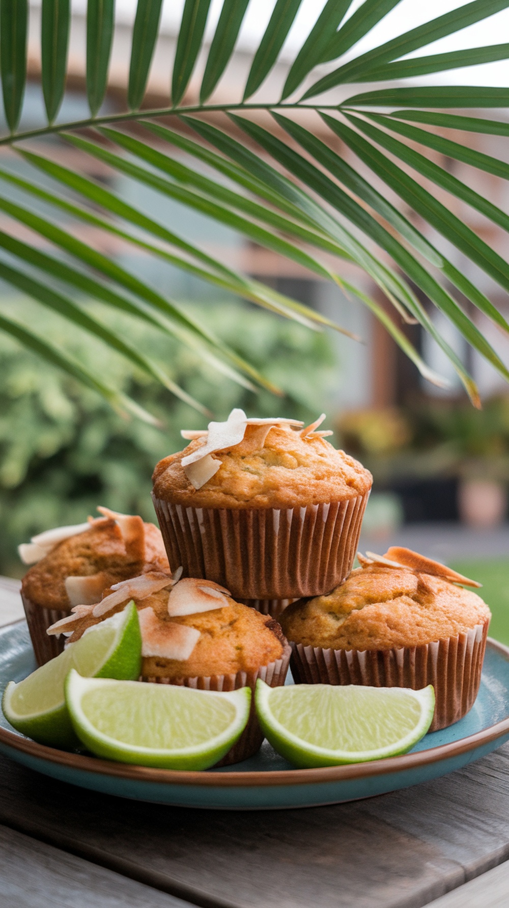 Delicious coconut lime muffins with lime slices on a plate.