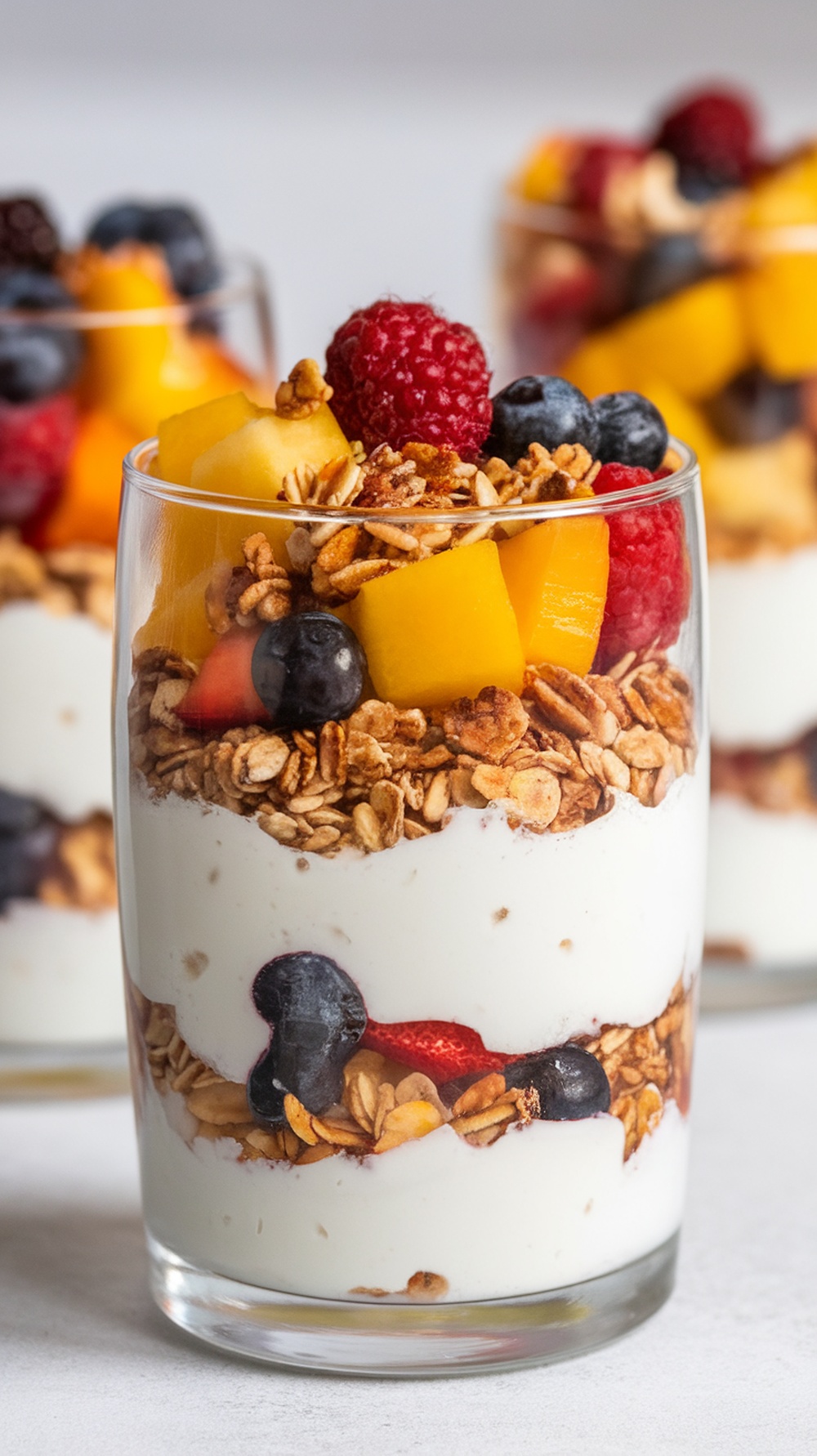 A vibrant coconut yogurt parfait layered with granola and fresh fruits.