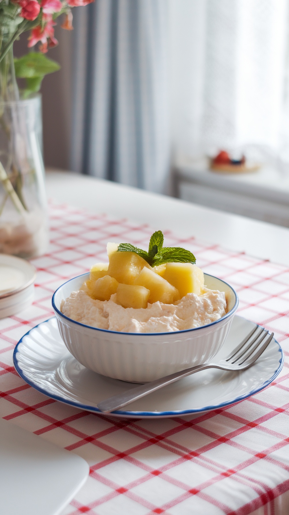 A bowl of creamy cottage cheese topped with pineapple chunks and mint leaves.
