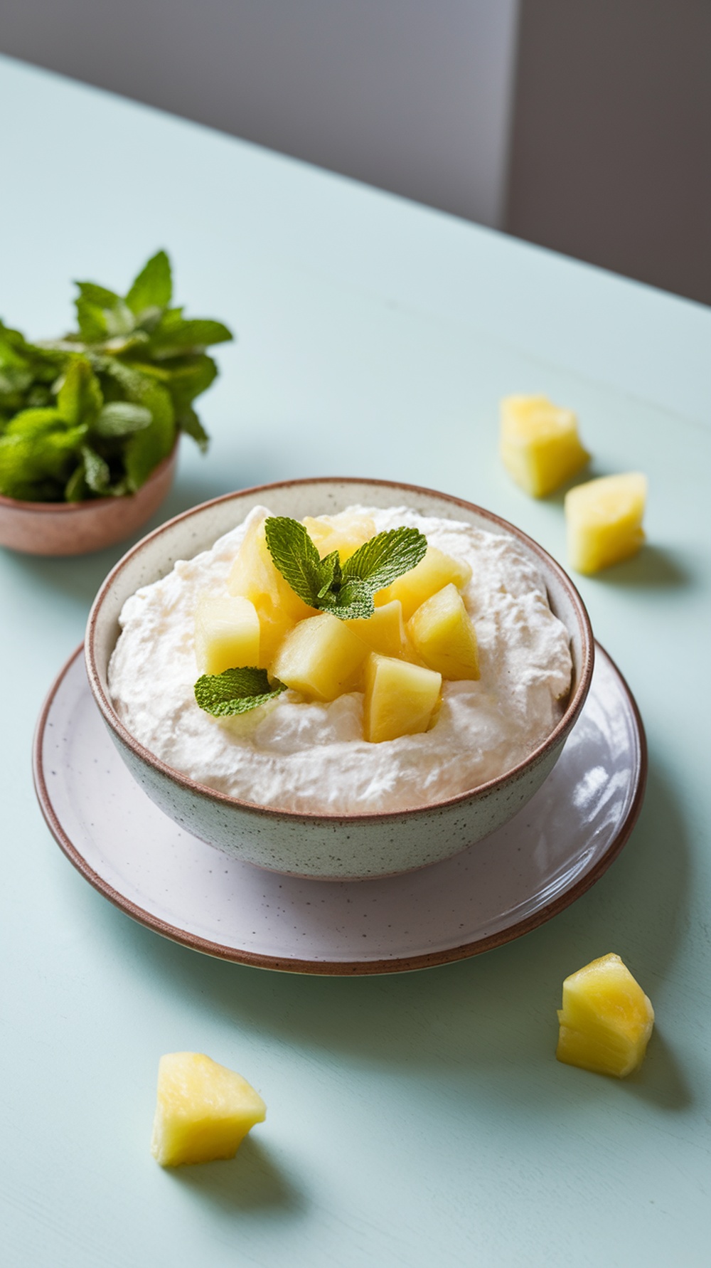 A bowl of cottage cheese topped with pineapple chunks and mint leaves, served on a light-colored plate.