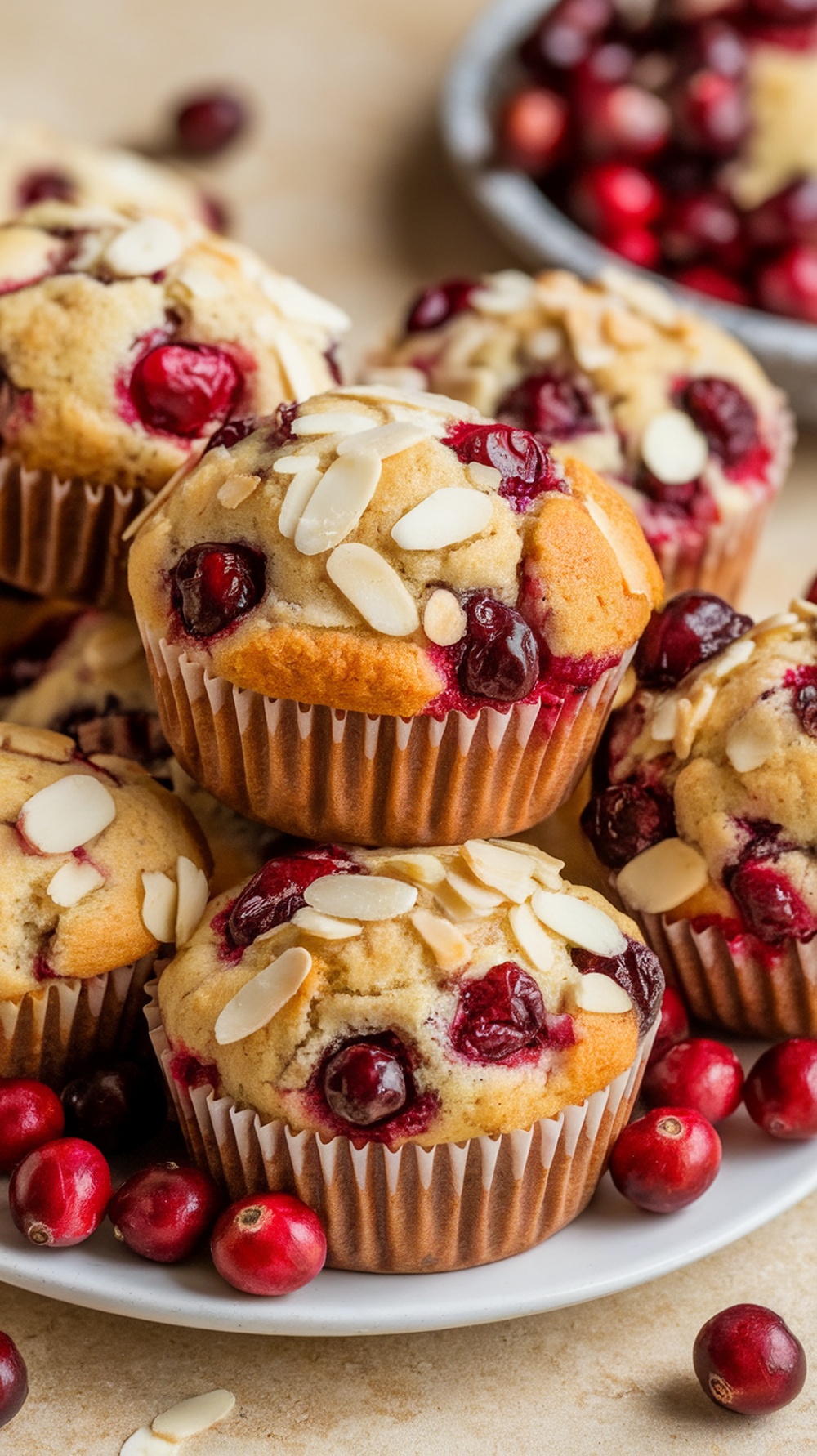 Cranberry Almond Muffins stacked with fresh cranberries scattered around