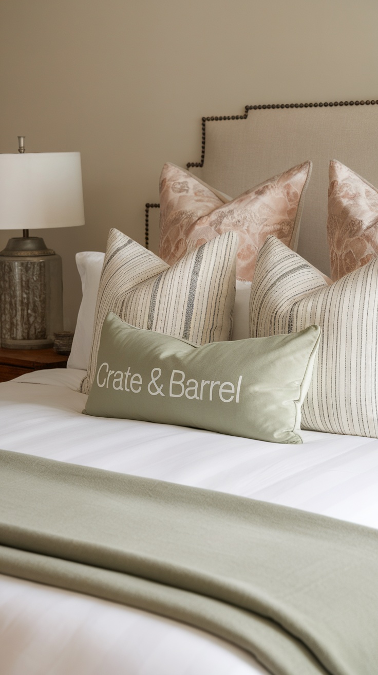 Sage green throw pillow from Crate & Barrel on a neatly made bed with various other decorative pillows.