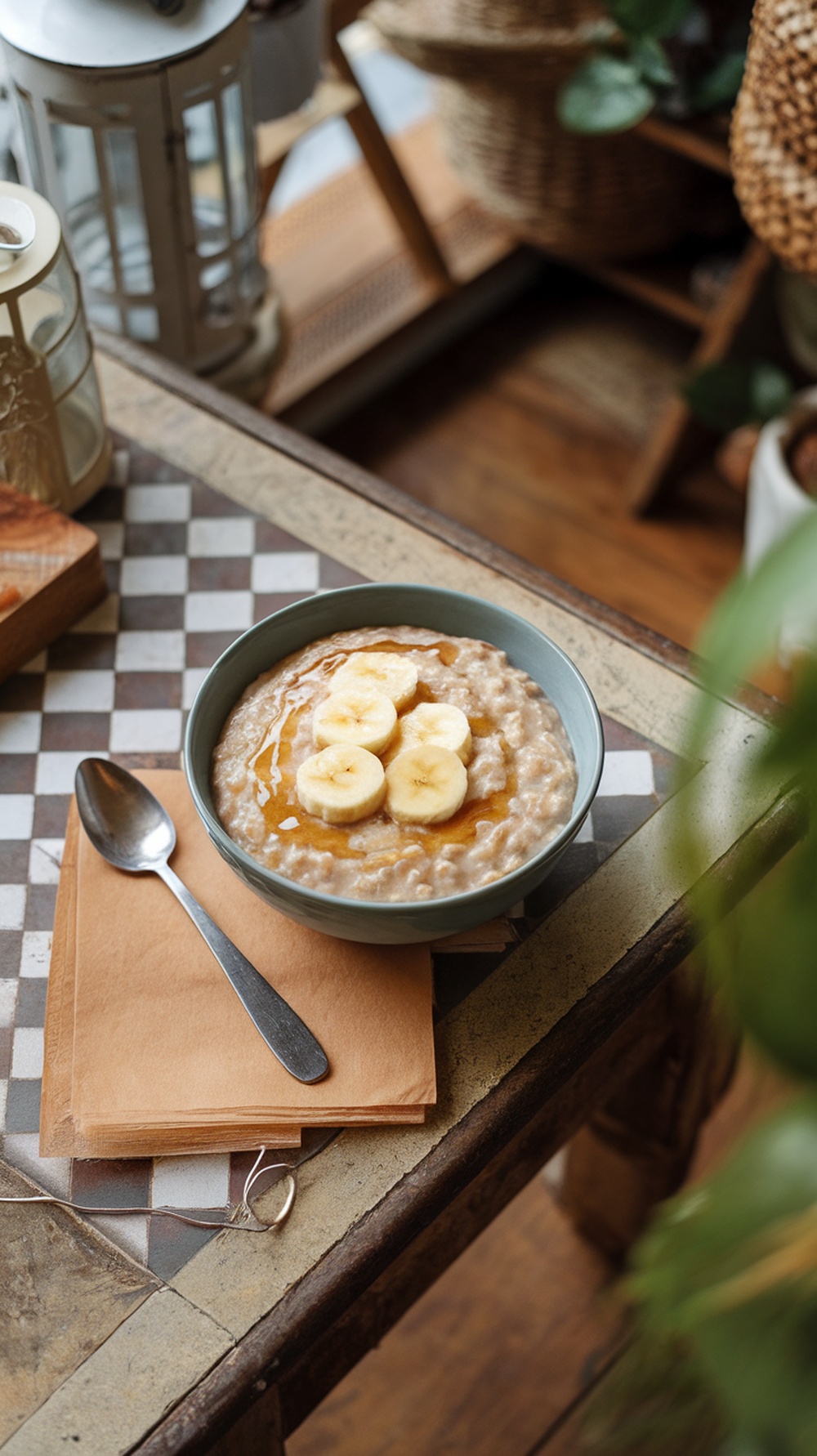 A bowl of creamy banana oatmeal topped with sliced bananas and honey.
