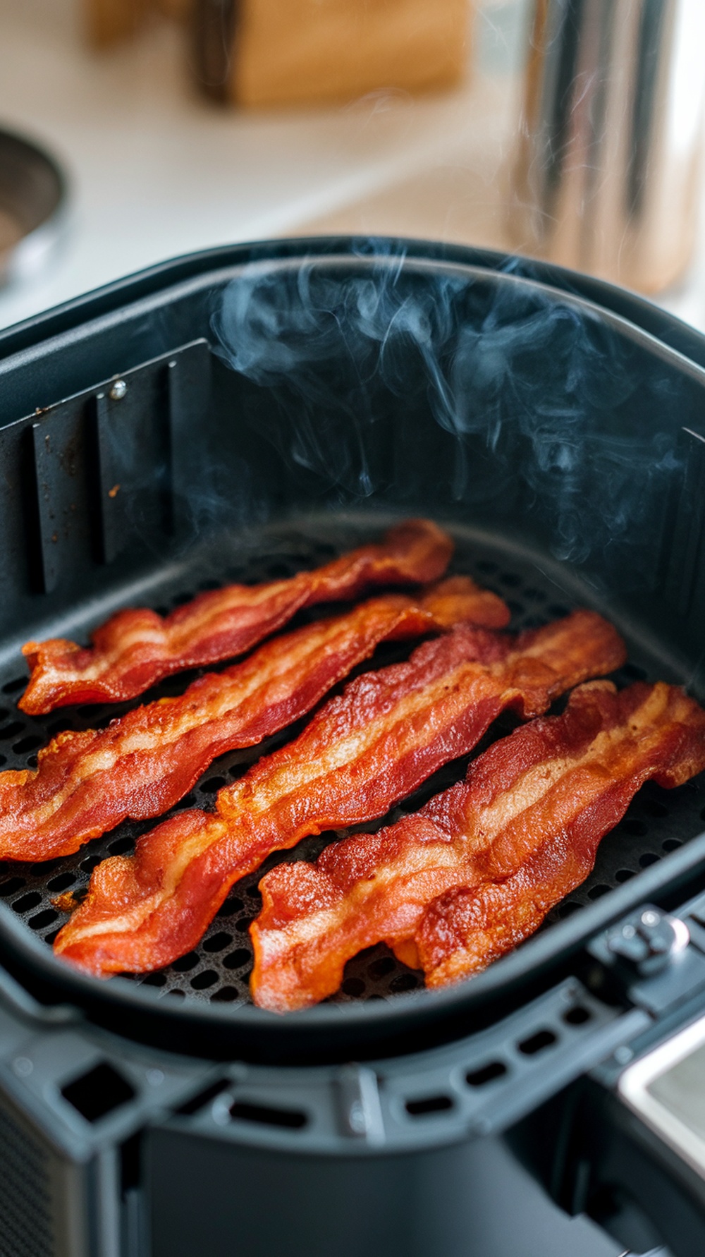 Crispy air fryer bacon cooking in an air fryer.