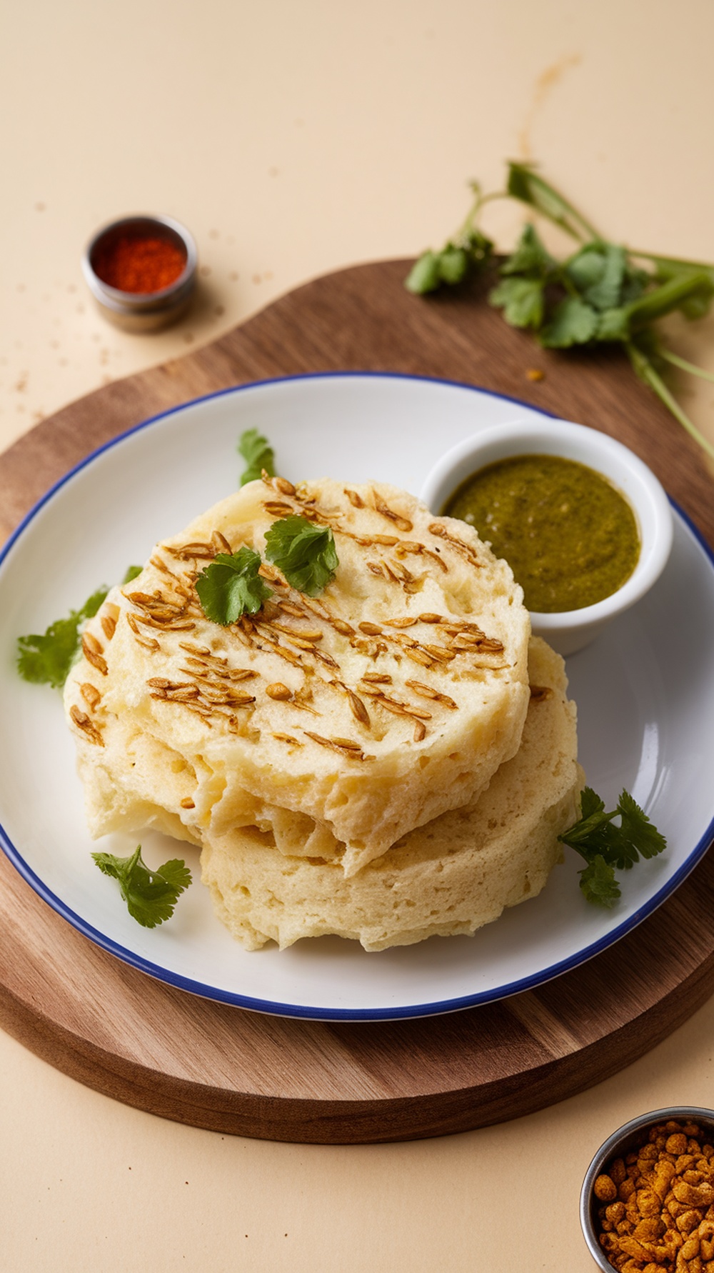 A plate of fluffy Dhokla with green chutney and garnished with coriander.