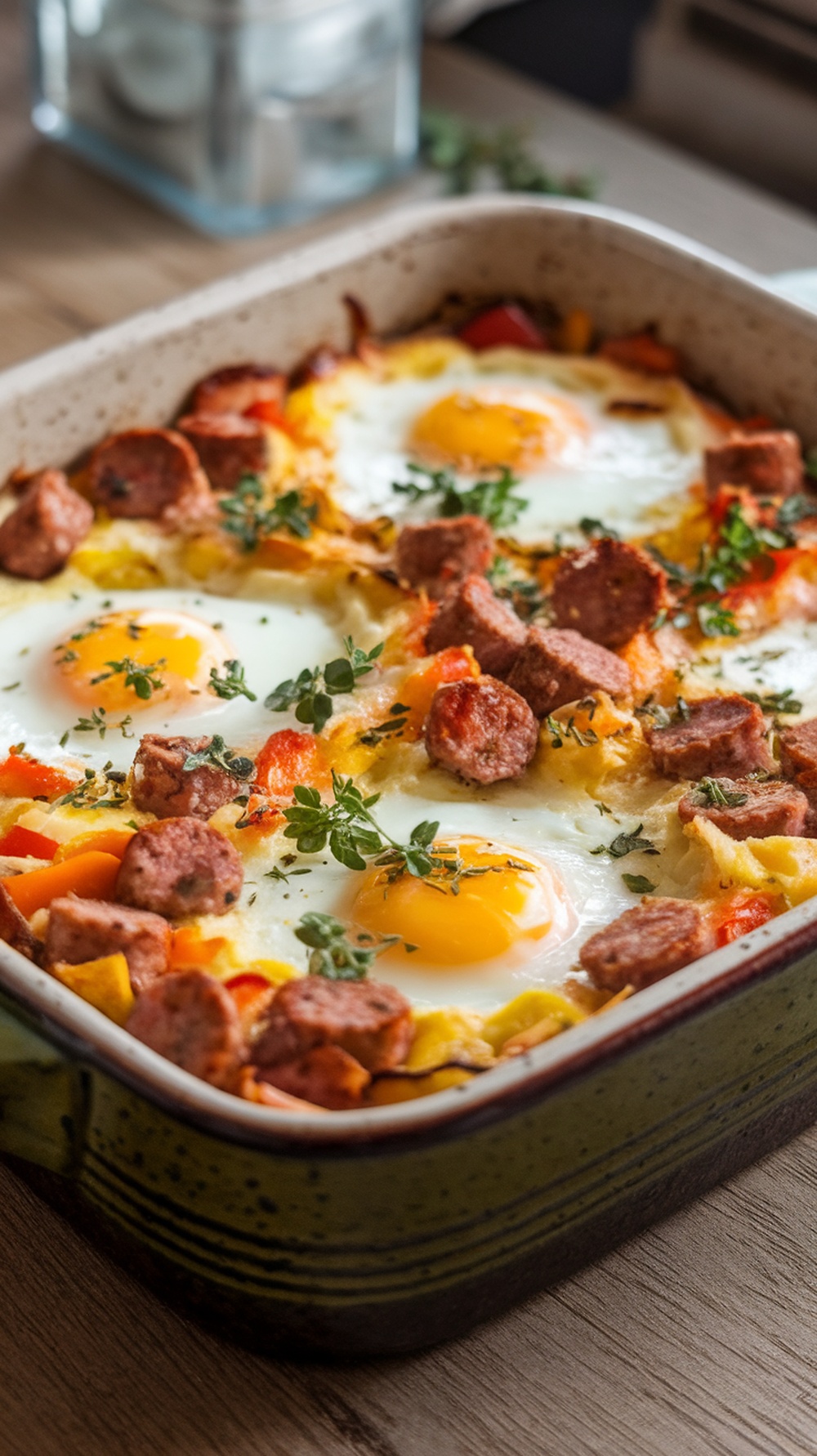 A close-up of a baked egg and sausage casserole topped with herbs and cheese.