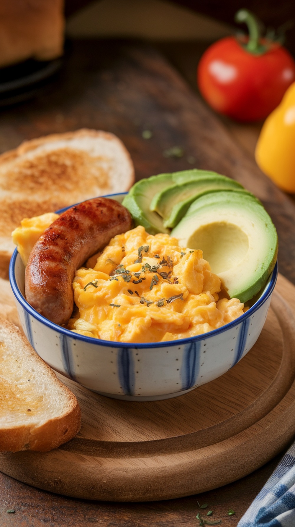 A delicious Egg and Sausage Breakfast Bowl with scrambled eggs, sausage, avocado slices, and toasted bread.