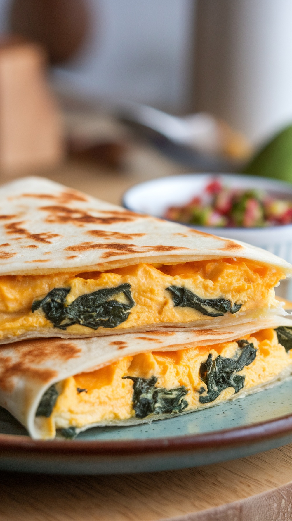 A delicious egg and spinach quesadilla cut into halves, showcasing its cheesy filling.