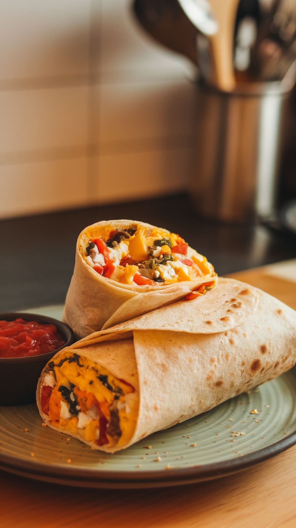 Egg and Veggie Breakfast Burrito on a plate with salsa