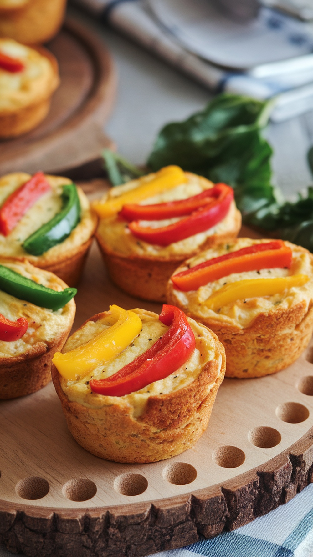 Egg muffins with bell peppers and onions on a wooden platter