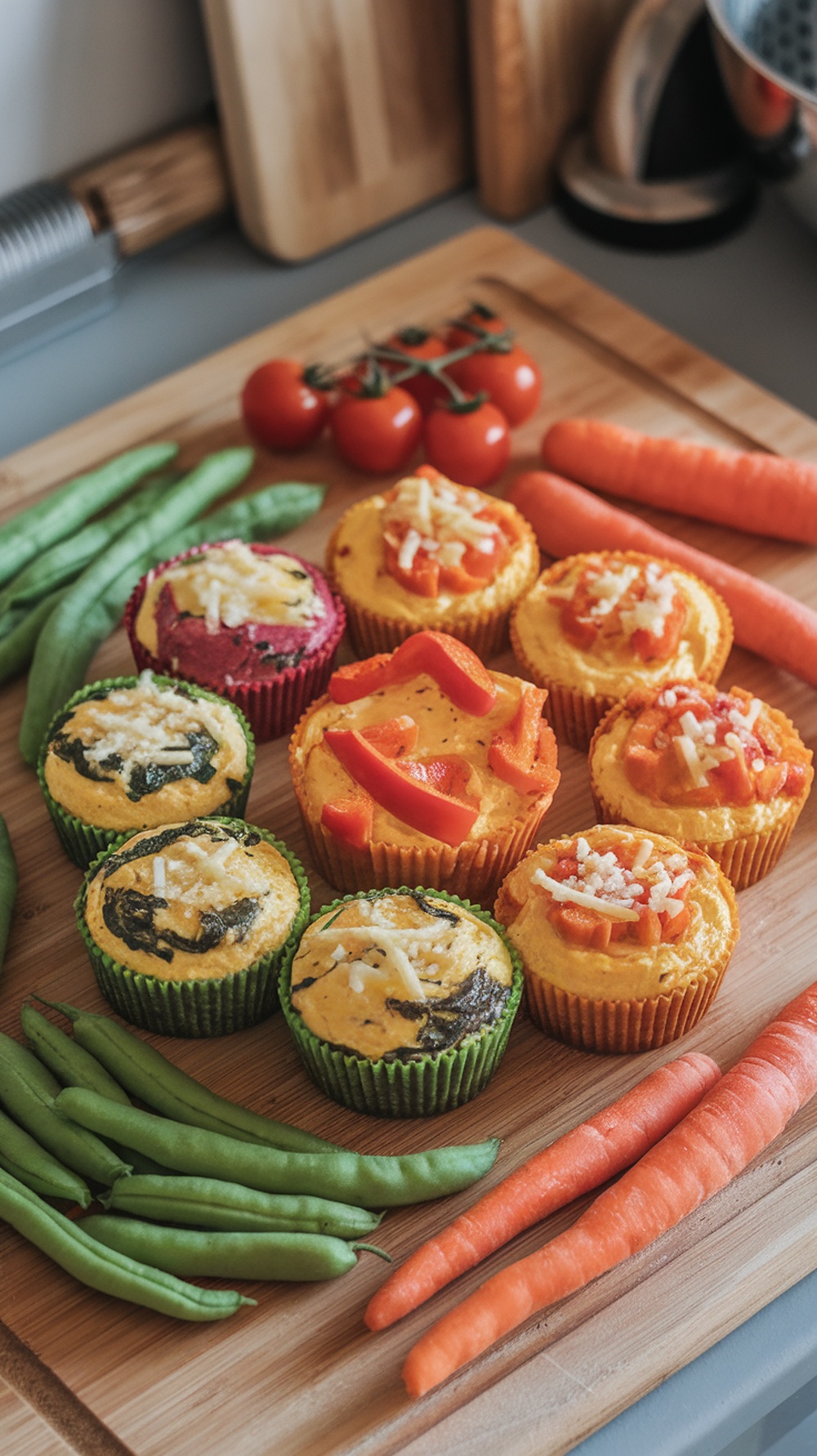 Keto-friendly egg muffins with veggies on a wooden surface, showcasing a colorful assortment.