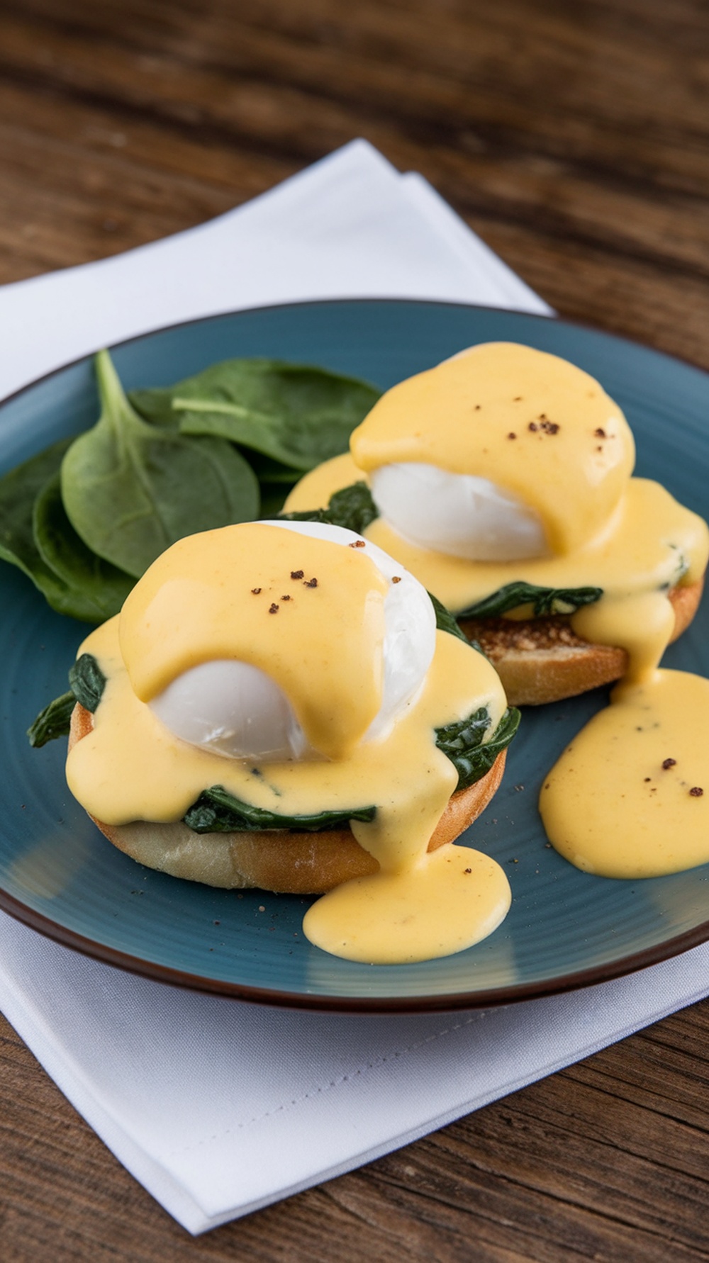 Delicious Eggs Benedict topped with hollandaise sauce on a plate with spinach