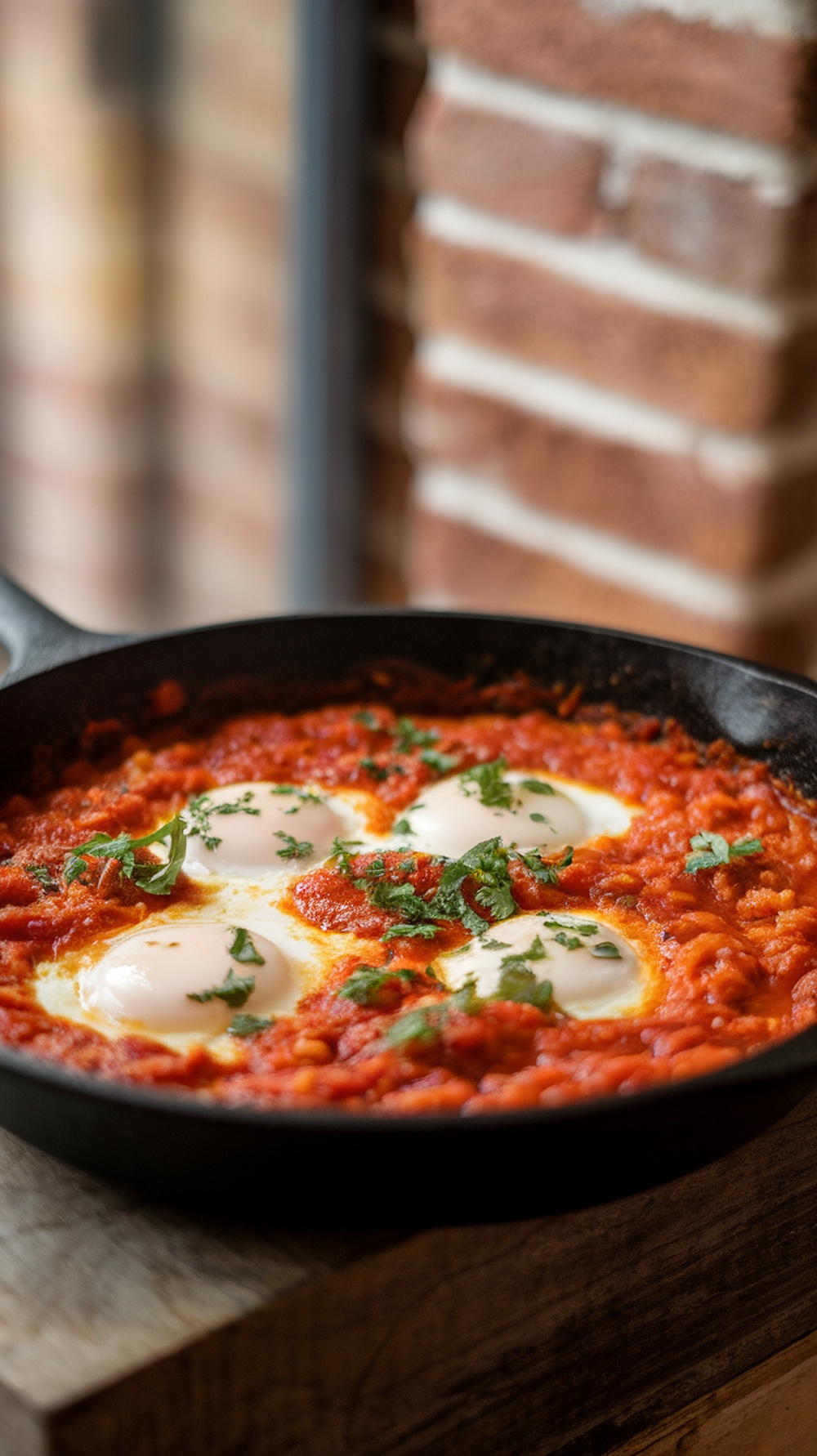A skillet of Eggs in Purgatory, featuring poached eggs in a spicy tomato sauce topped with fresh herbs.