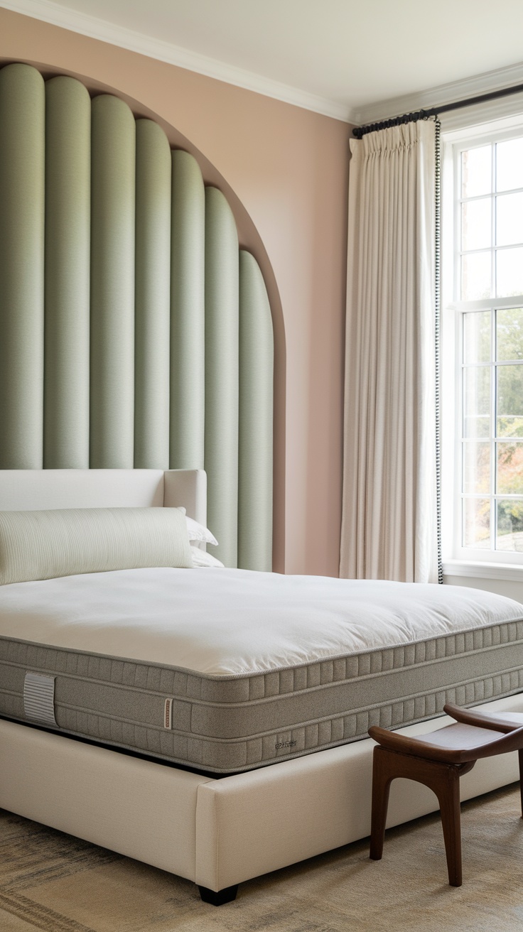 A stylish bedroom featuring a sage green accent wall, a beige bed, and elegant curtains, illustrating a calm and inviting atmosphere.